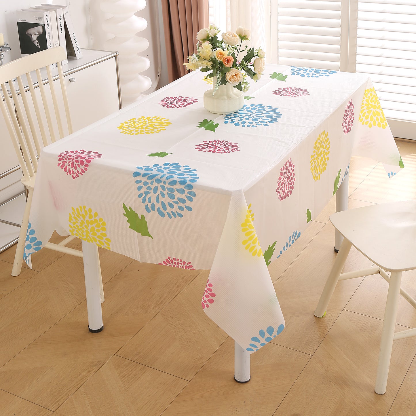 PEVA Waterproof Table Cover Cloth for 2/4/6 Seaters Dining Table | Dustproof Table Cloth for Study & Coffee Table, Multicolor Chrysanthemum