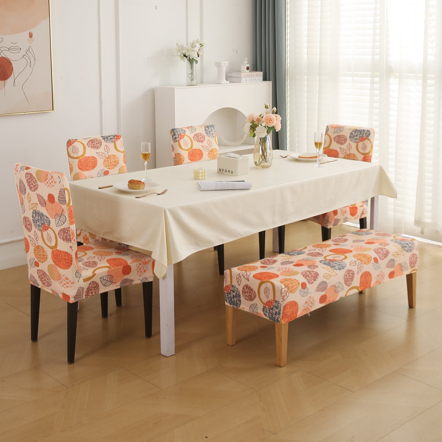 Premium Velvet Cover Set for 4 Dining Chairs + 1 Dining Bench, Coral Autumn Leaves