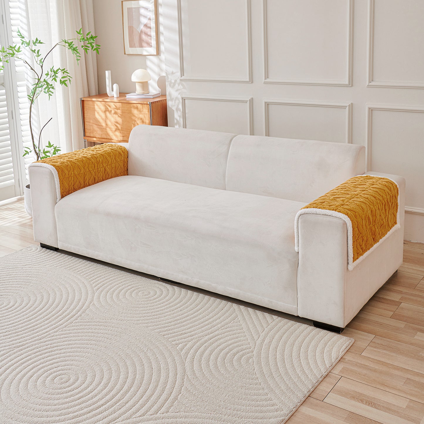'Italian Caelora' Luxury Jacquard Plush Sofa Cover Mat and Anti-Slip Armrest Covers - Honey Yellow