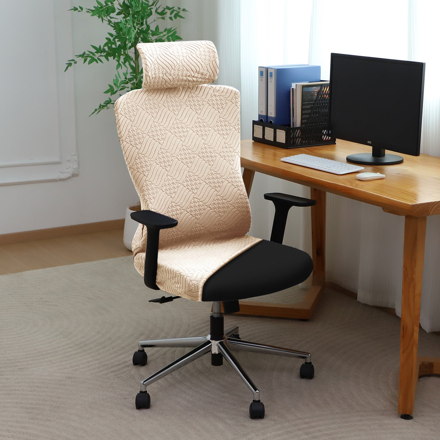 Office Chair Cover with Headrest (High-Back) – 170 GSM Stretch Jacquard – Washable, Anti-Slip Fit for Ergonomic Mesh Office Chairs, Beige