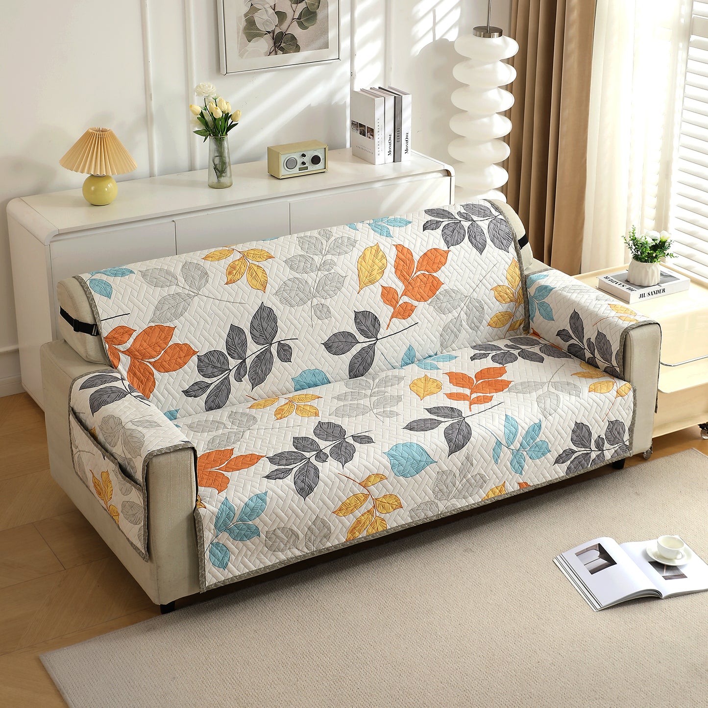 Quilted Sofa Cover with Pockets, Multicolor Leaves