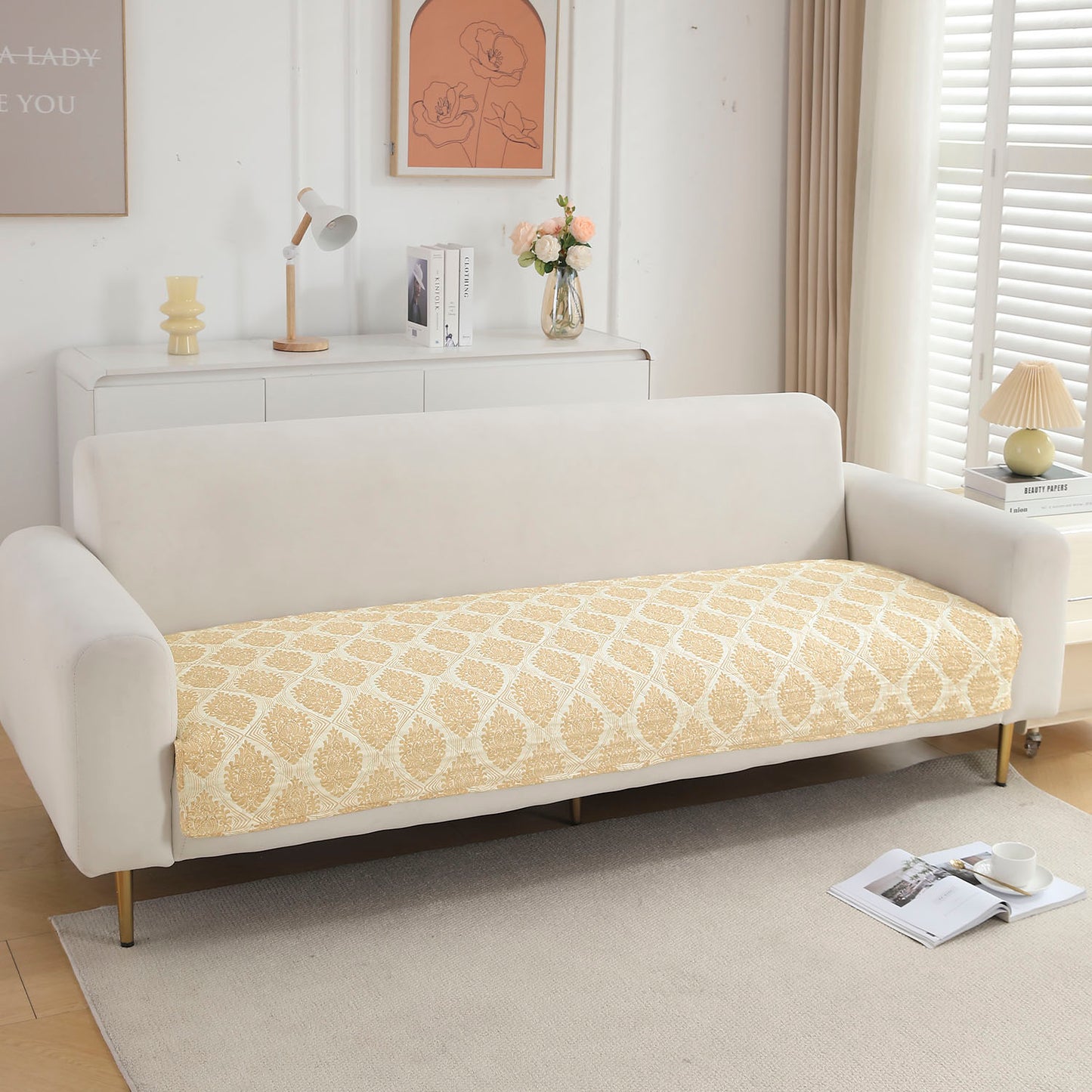 Quilted Sofa Seat Mat Covers for 1/2/3 Seater Sofa, Ogee Ivory