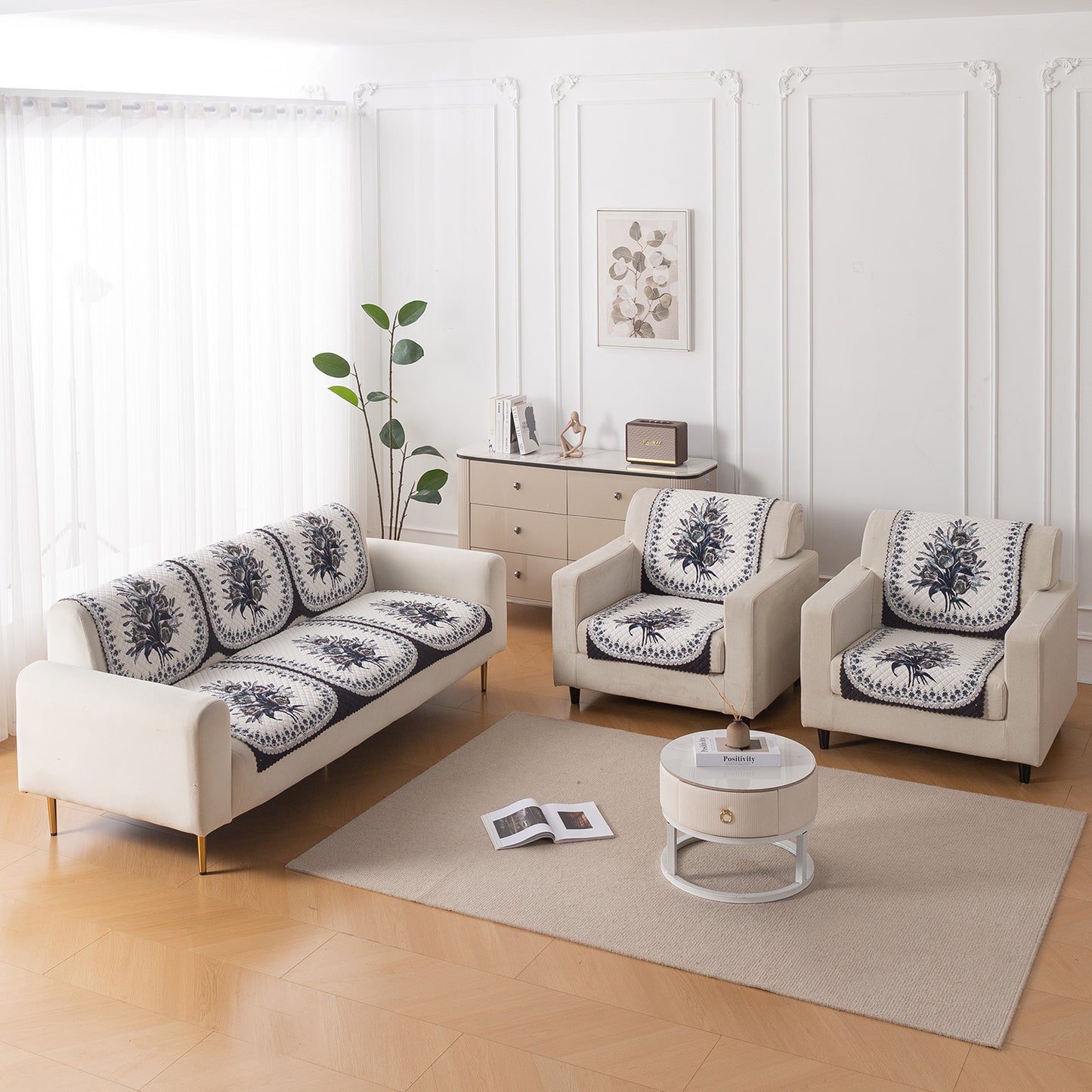 LoomVerse Quilted Sofa Cover Set Washable Sofa Panel for Seat & Back - Midnight Bloom