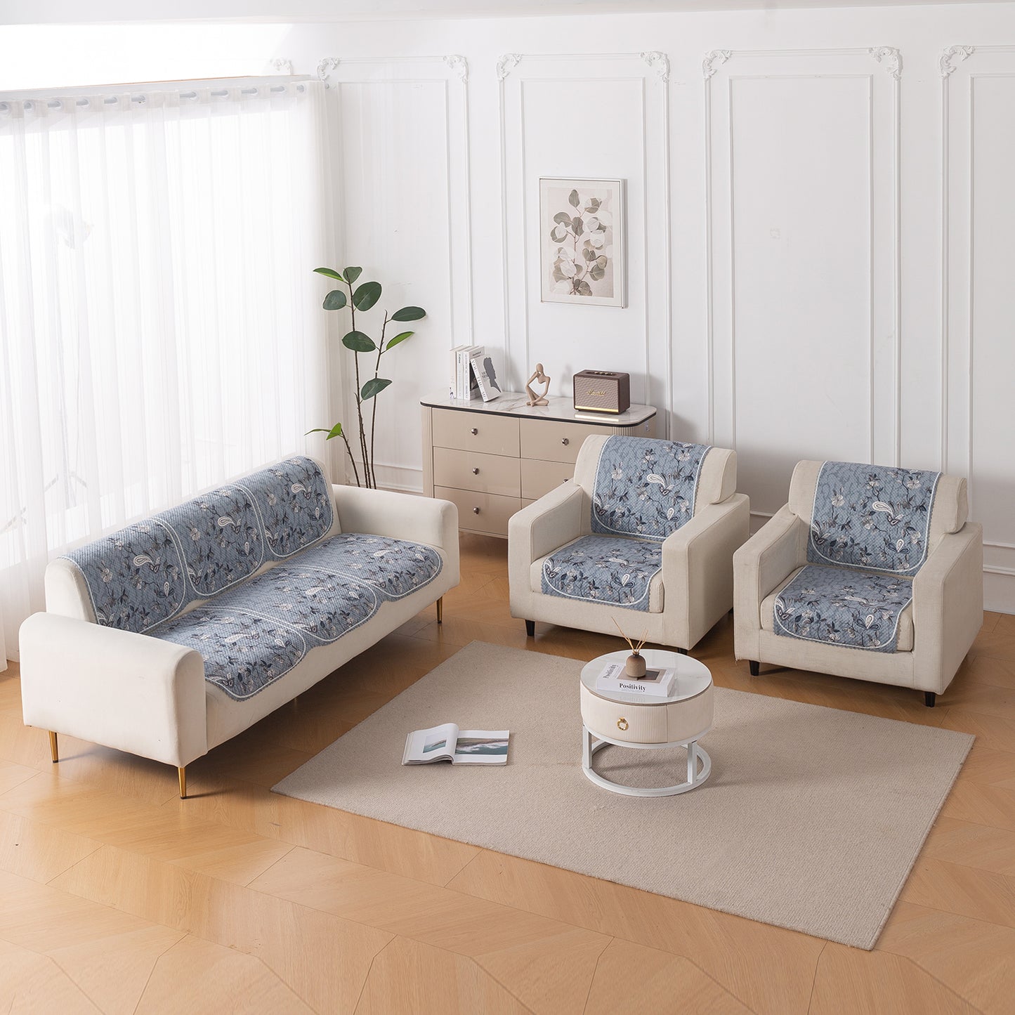 HeavenHue Fleece Soft Touch Quilted Sofa Cover Set Washable Sofa Panel for Seat & Back - Frosted Petals