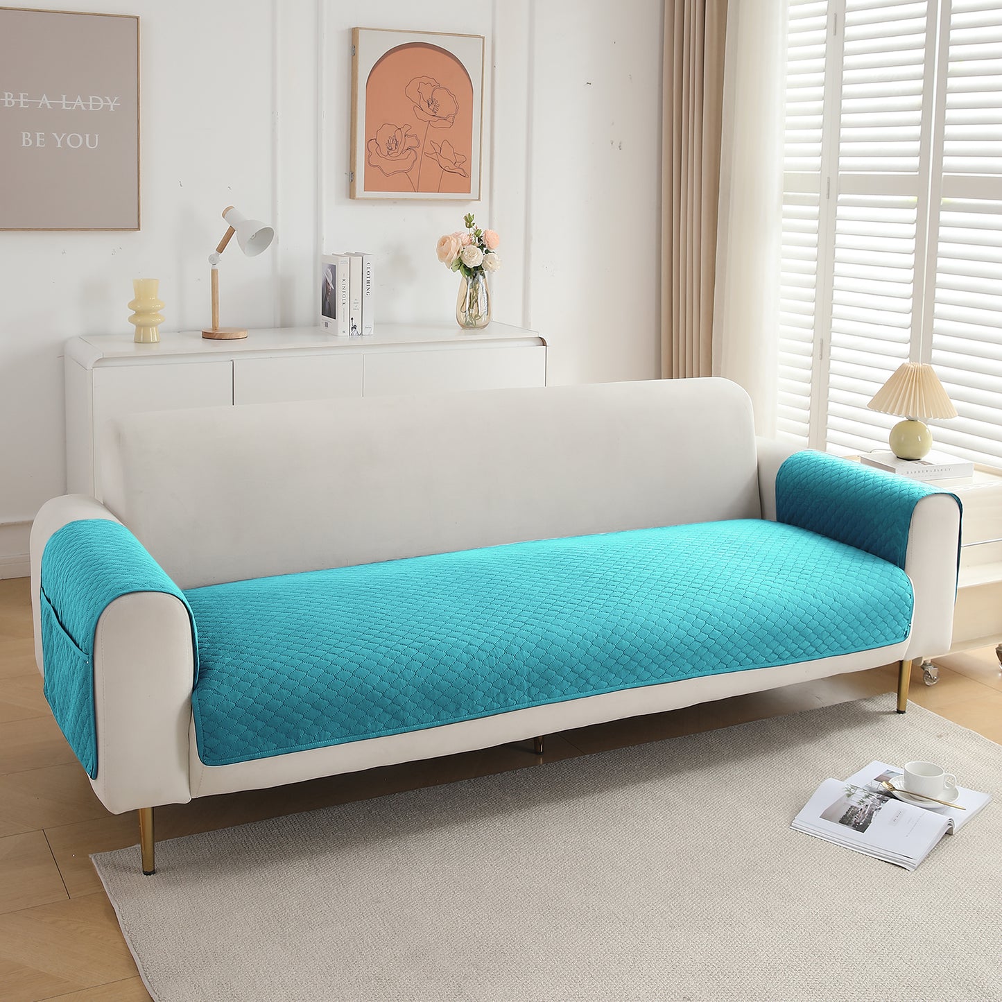 Quilted Sofa Cover Mat with 2 Armrest Covers Pockets, Teal