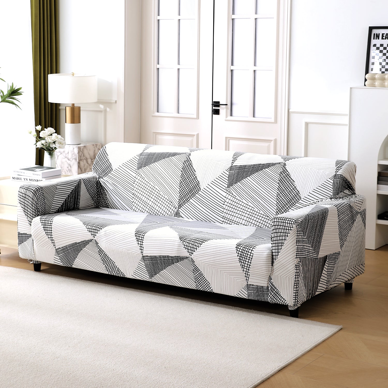 Snow White Black Geometry stretchable 3 seater sofa covers