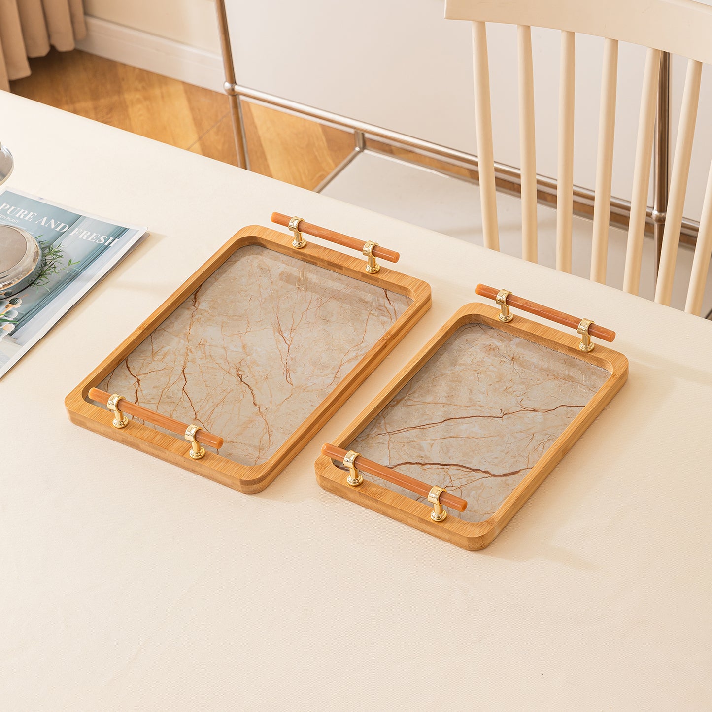 Luxury Bamboo Serving Tray Set with Faux Marble Base with Golden Handles