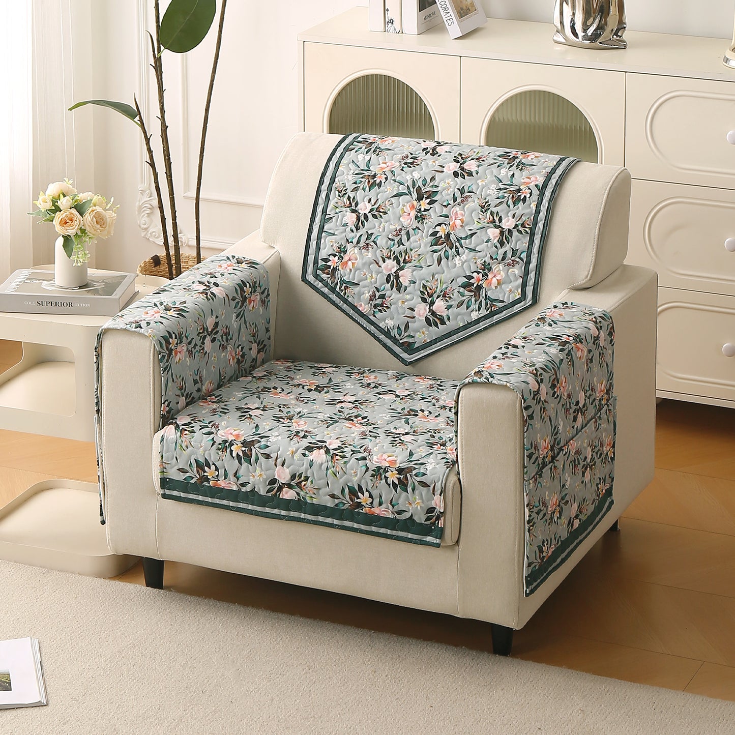 Florentina Series Printed Holland Velvet Sofa Mat - Magnolia Green