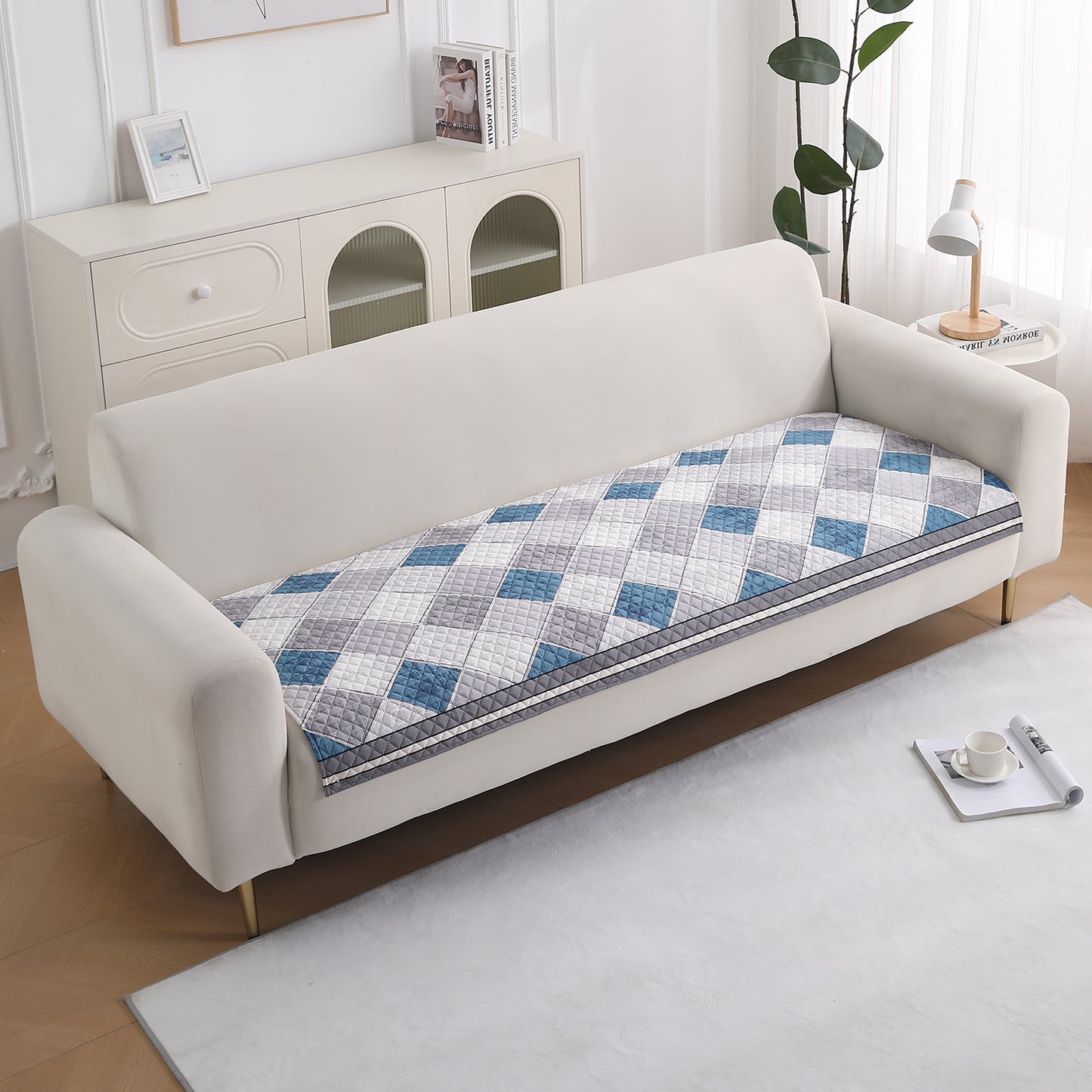 LiefNest Holland Velvet Sofa Cover Mat with Foam Filling - Diamond Slate Grey Blue