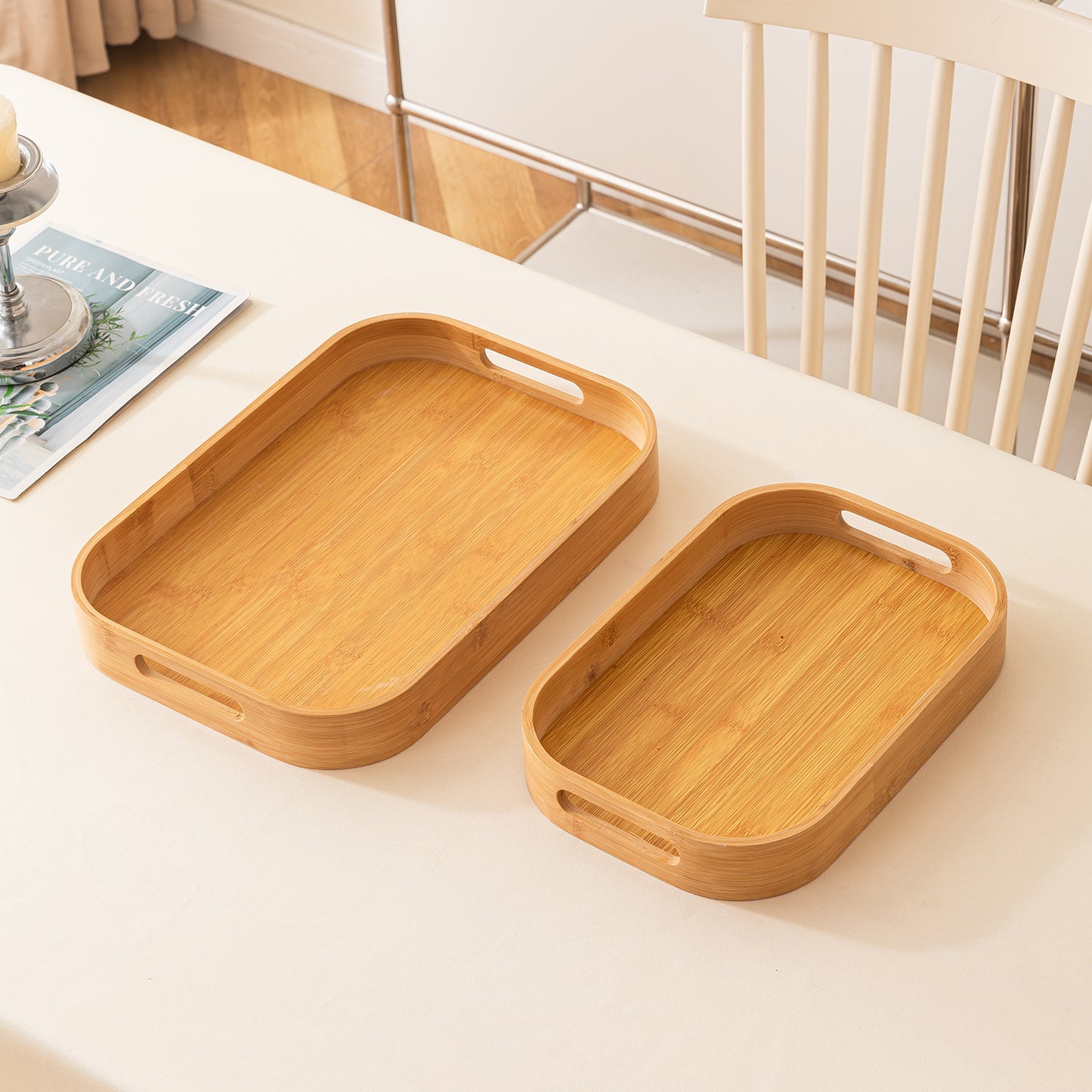 Natural Bamboo Serving Tray Set of 2/3 – Multipurpose Kitchen Tray with Handles