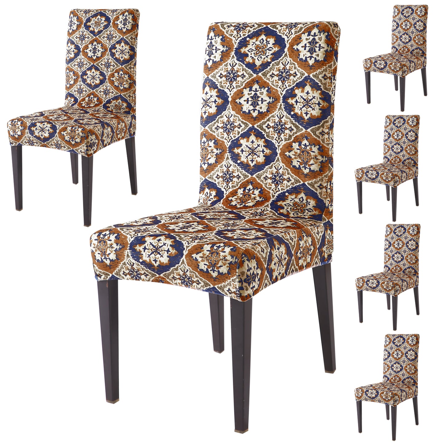 Premium Printed Velvet Dining Chair Cover Set, Indigo Moroccan Charm
