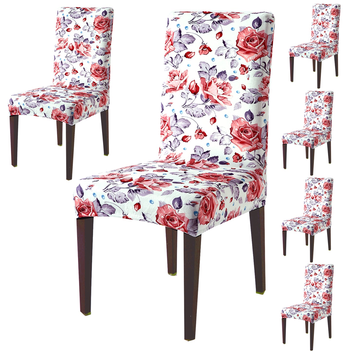 Premium Printed Velvet Dining Chair Cover Set, Red Cottage Rose