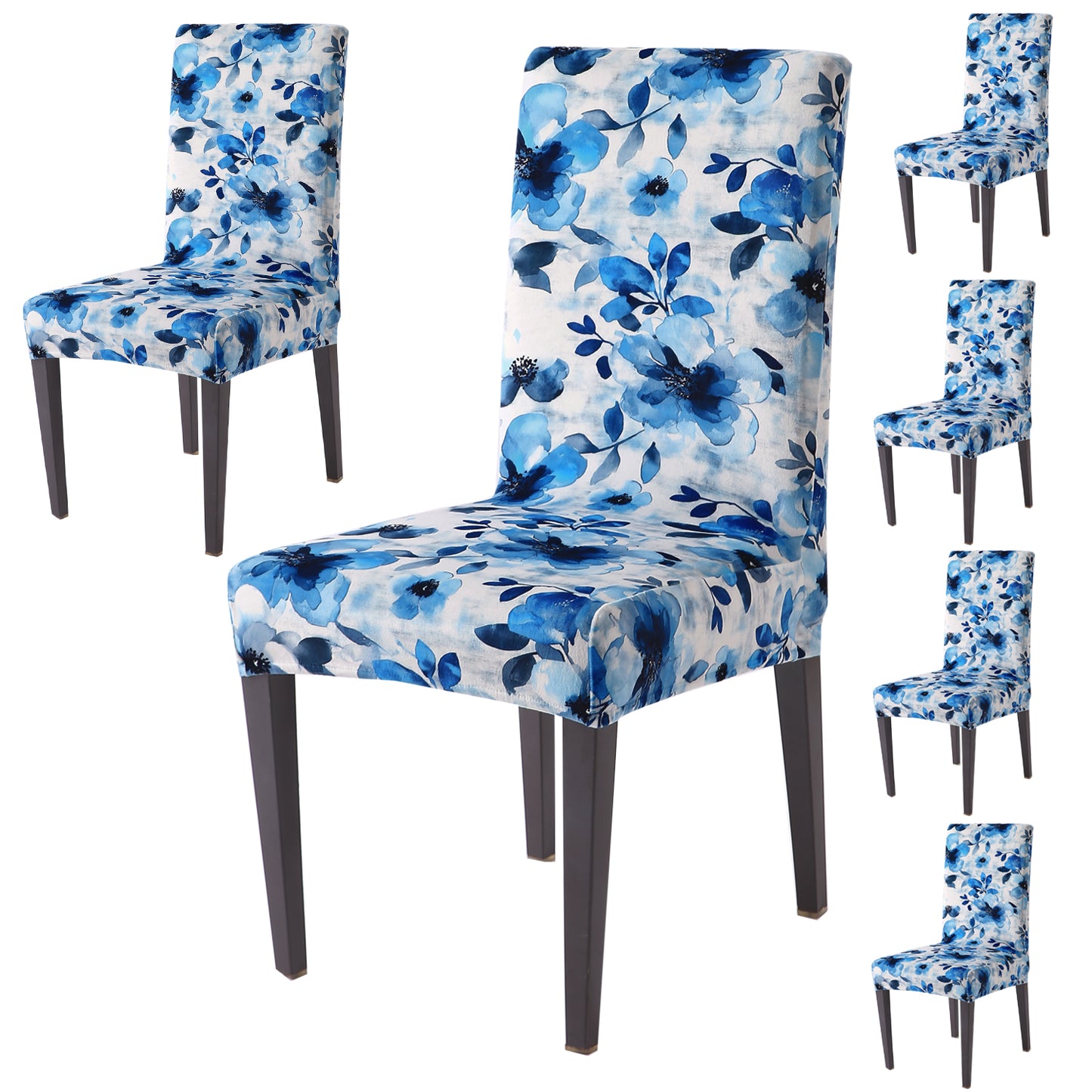 Premium Printed Velvet Dining Chair Cover Set, Blue Azure Botanical