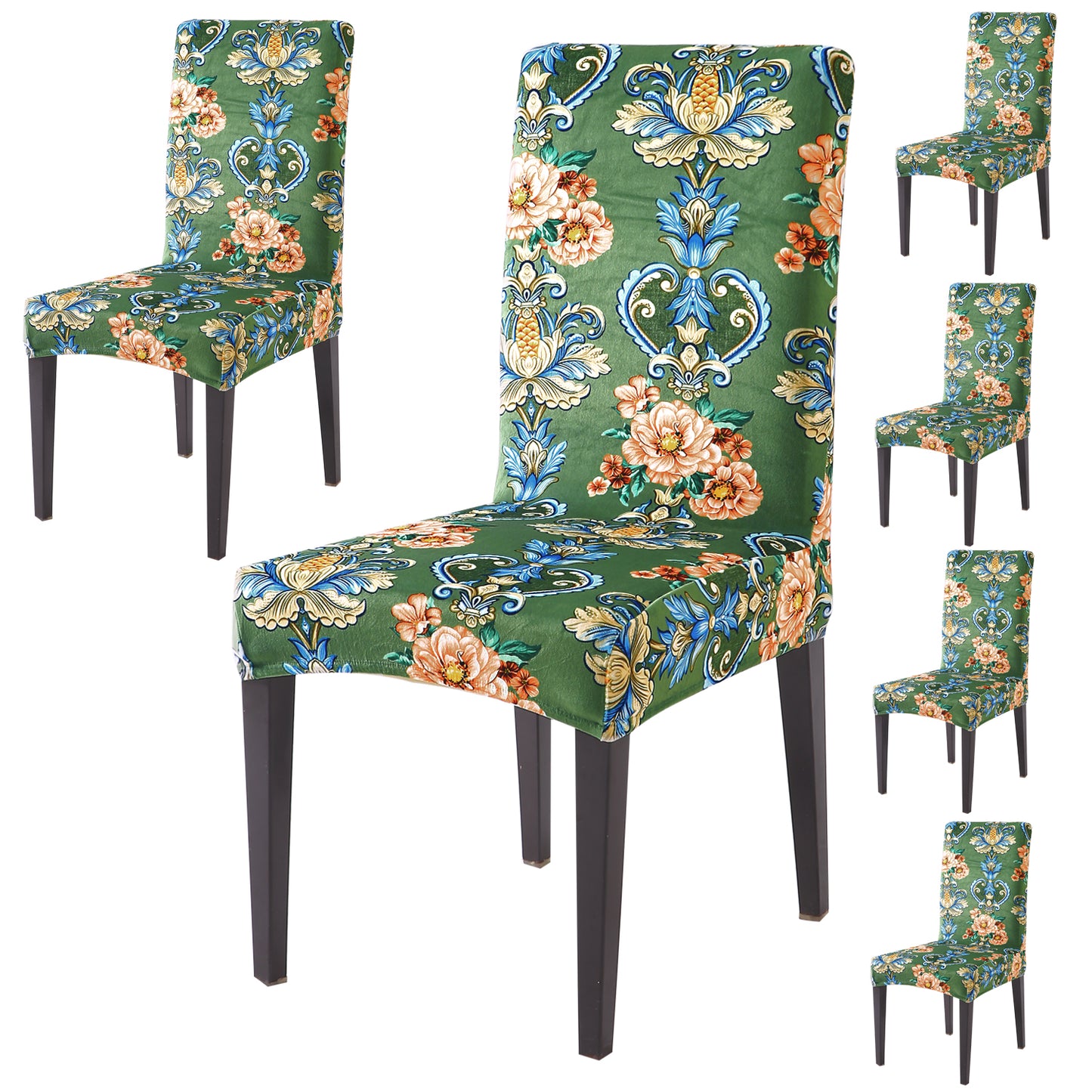 Premium Printed Velvet Dining Chair Cover Set, Green Victorian Garden