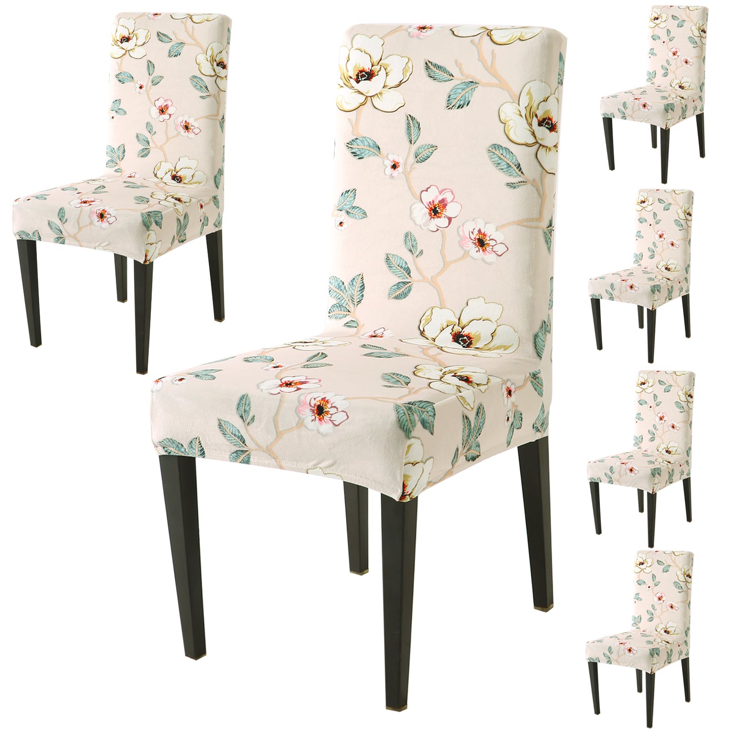 Premium Printed Velvet Dining Chair Cover Set, Buttercream Magnolia Whisper