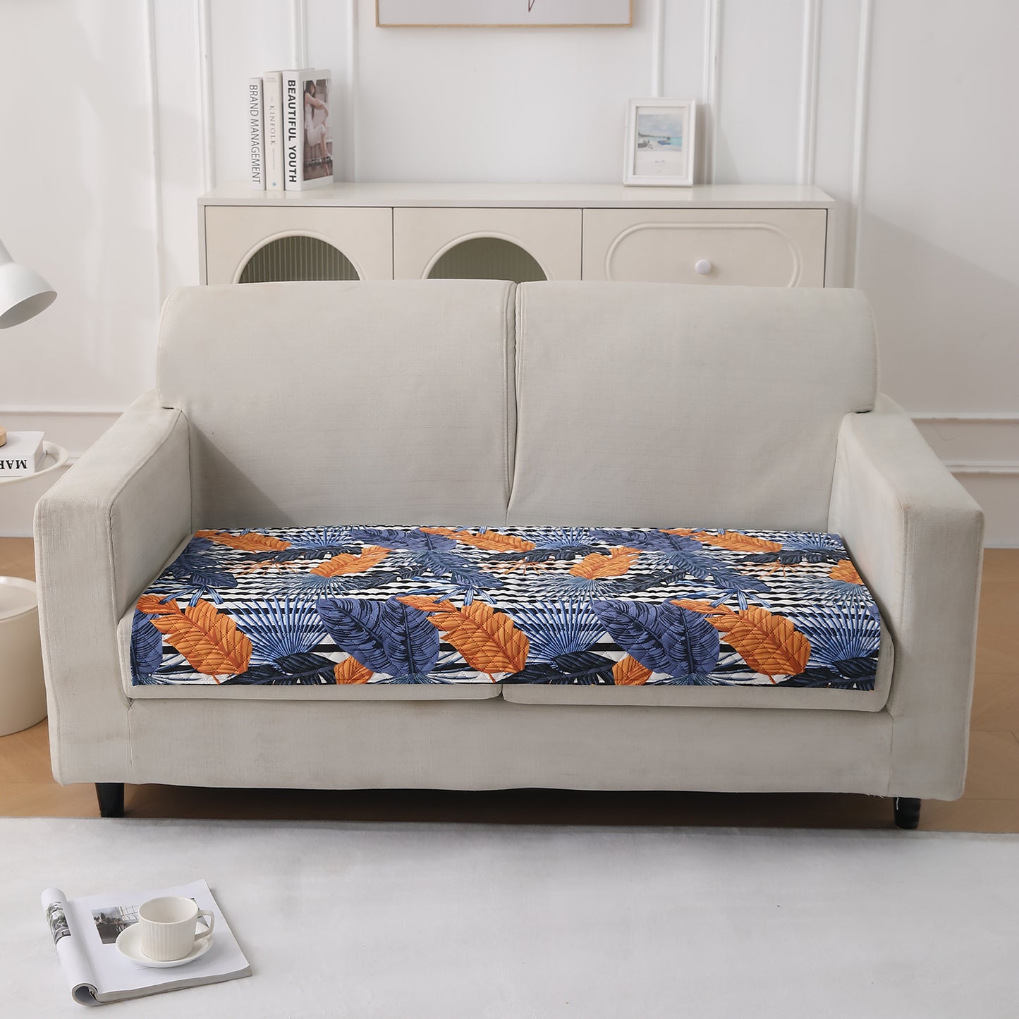 LiefNest Printed Holland Velvet Sofa Mat with Foam Filling - Tropical Leaves Dusk Blue for 1/2/3 Seater & Armrest
