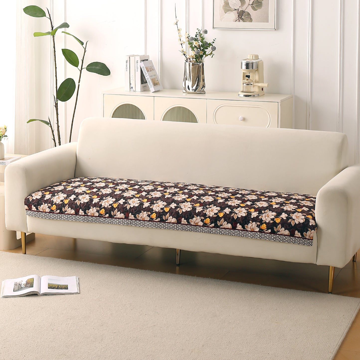 Florentina Series Printed Holland Velvet Sofa Mat - Camellia Brown