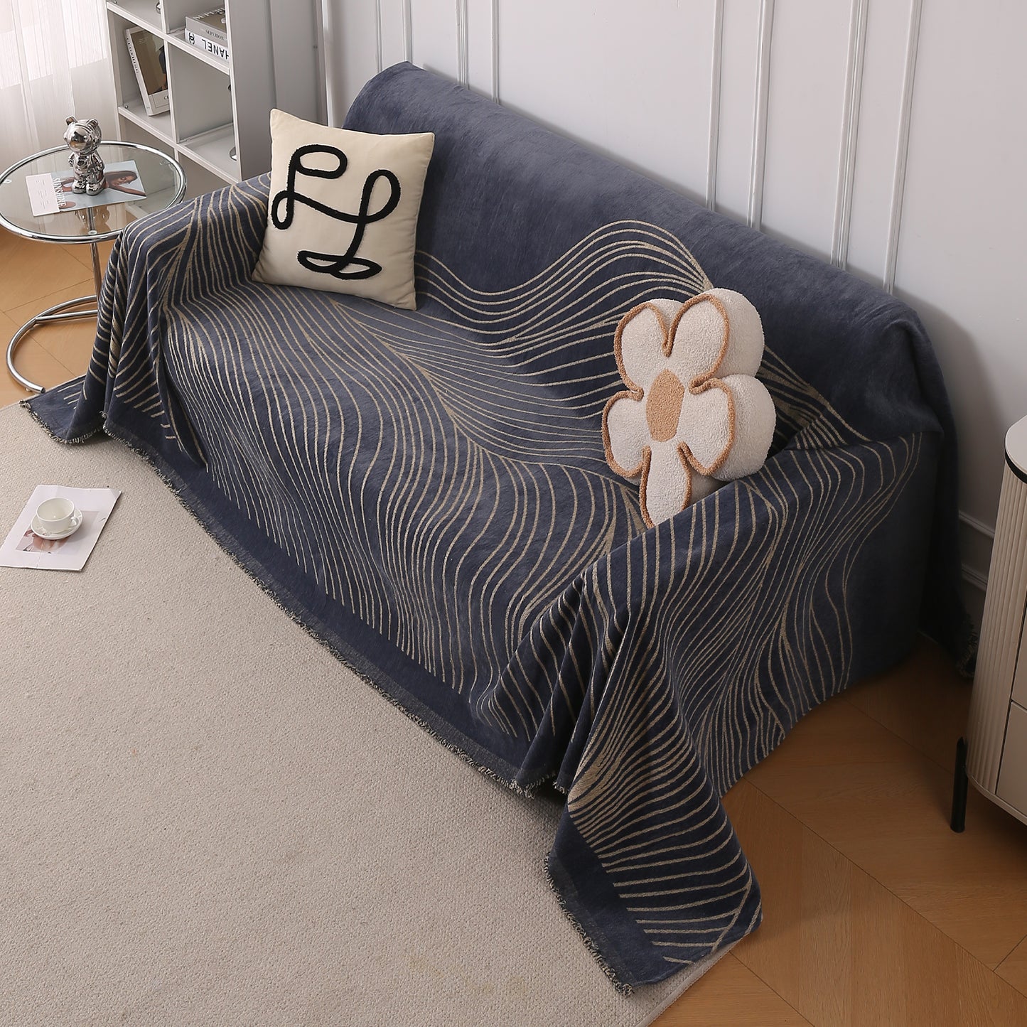 WaveLoom Collection Printed Chenille Sofa Cover Throw Blanket, Dark Grey