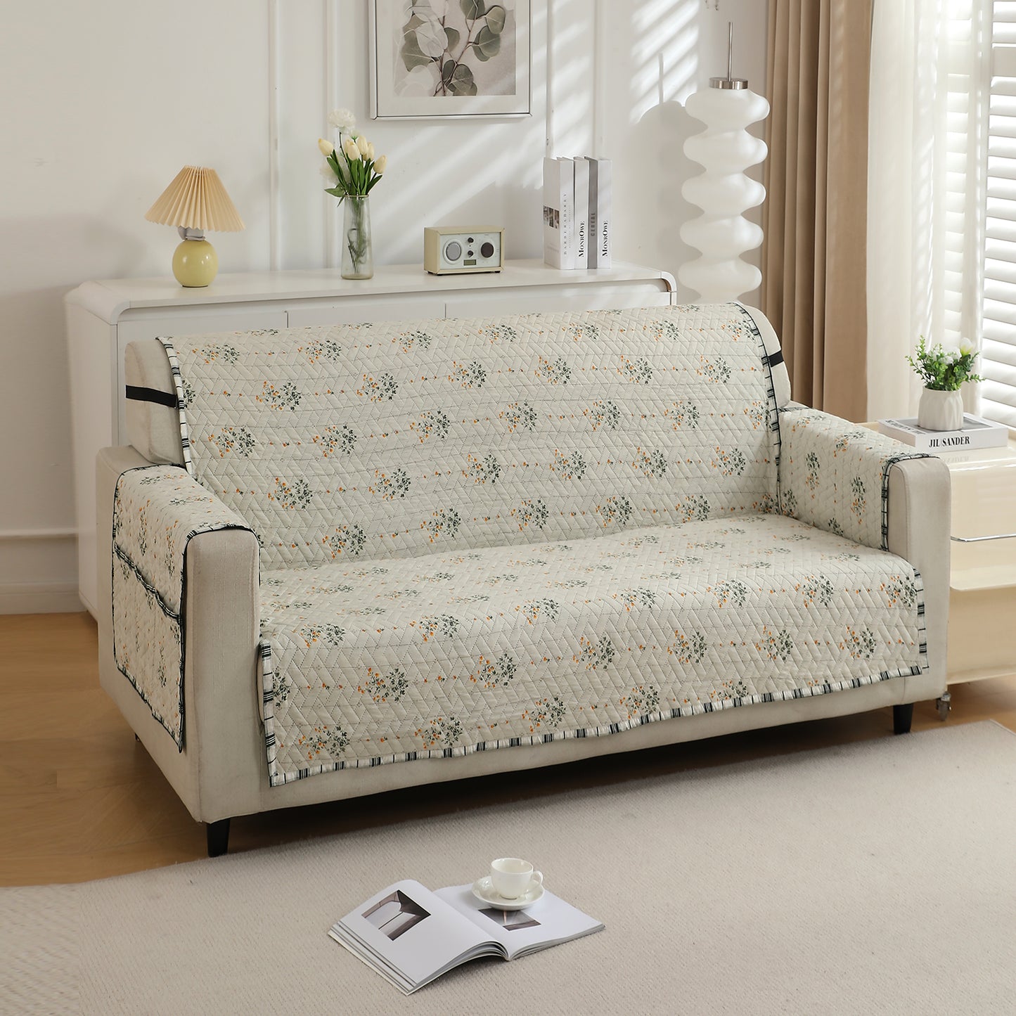 Light Green Ash Gypsy Floral Printed three seater quilted sofa cover