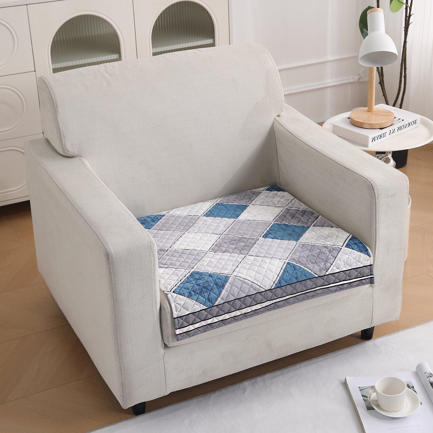 LiefNest Printed Holland Velvet Sofa Mat with Foam Filling - Diamond Slate Grey Blue for 1/2/3 Seater & Armrest