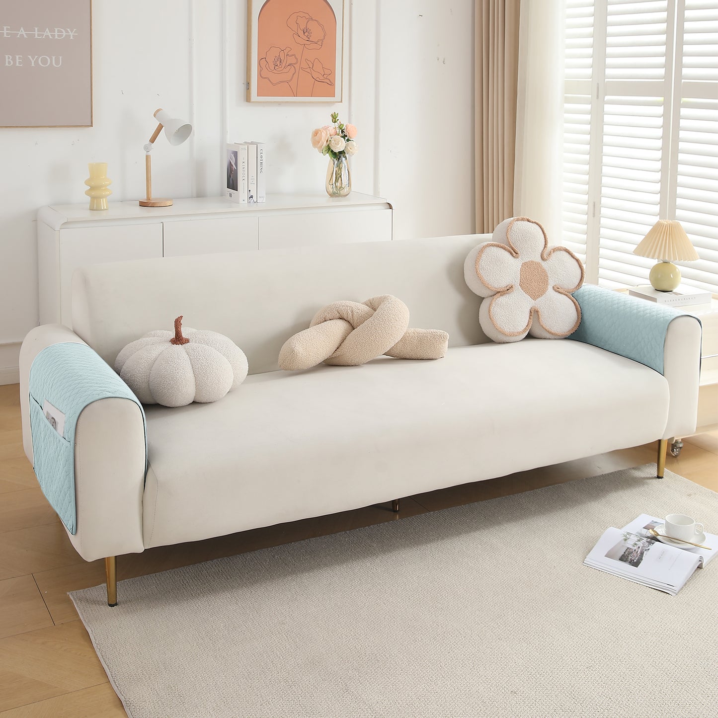 2 Pcs Quilted Sofa Armrest Cover, Light Sky Blue