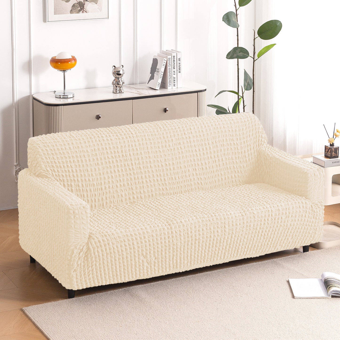Aria Nova Elastic 280 GSM Stretchable Bubble Sofa Cover, Light Cream