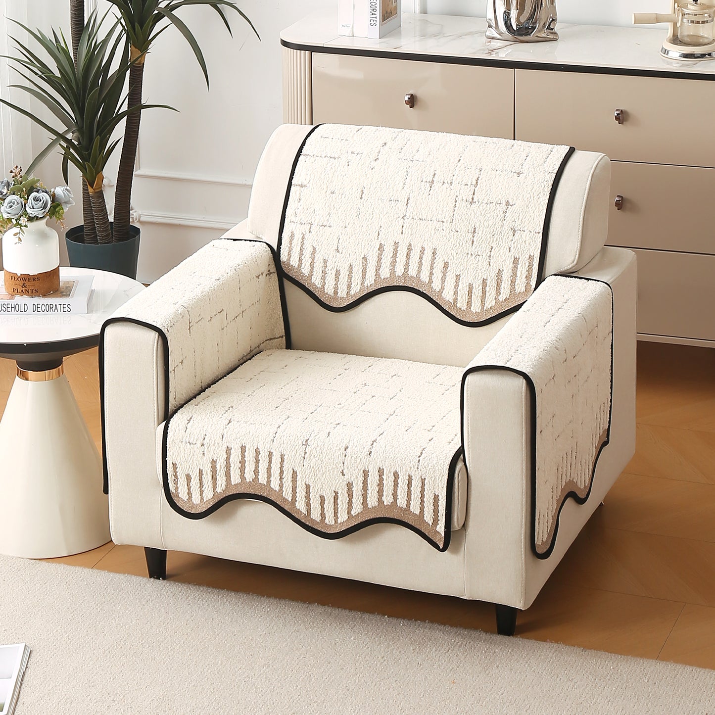 Premium Supple Soft Wavy with Curve Sofa Cover Mat, Cream Brown