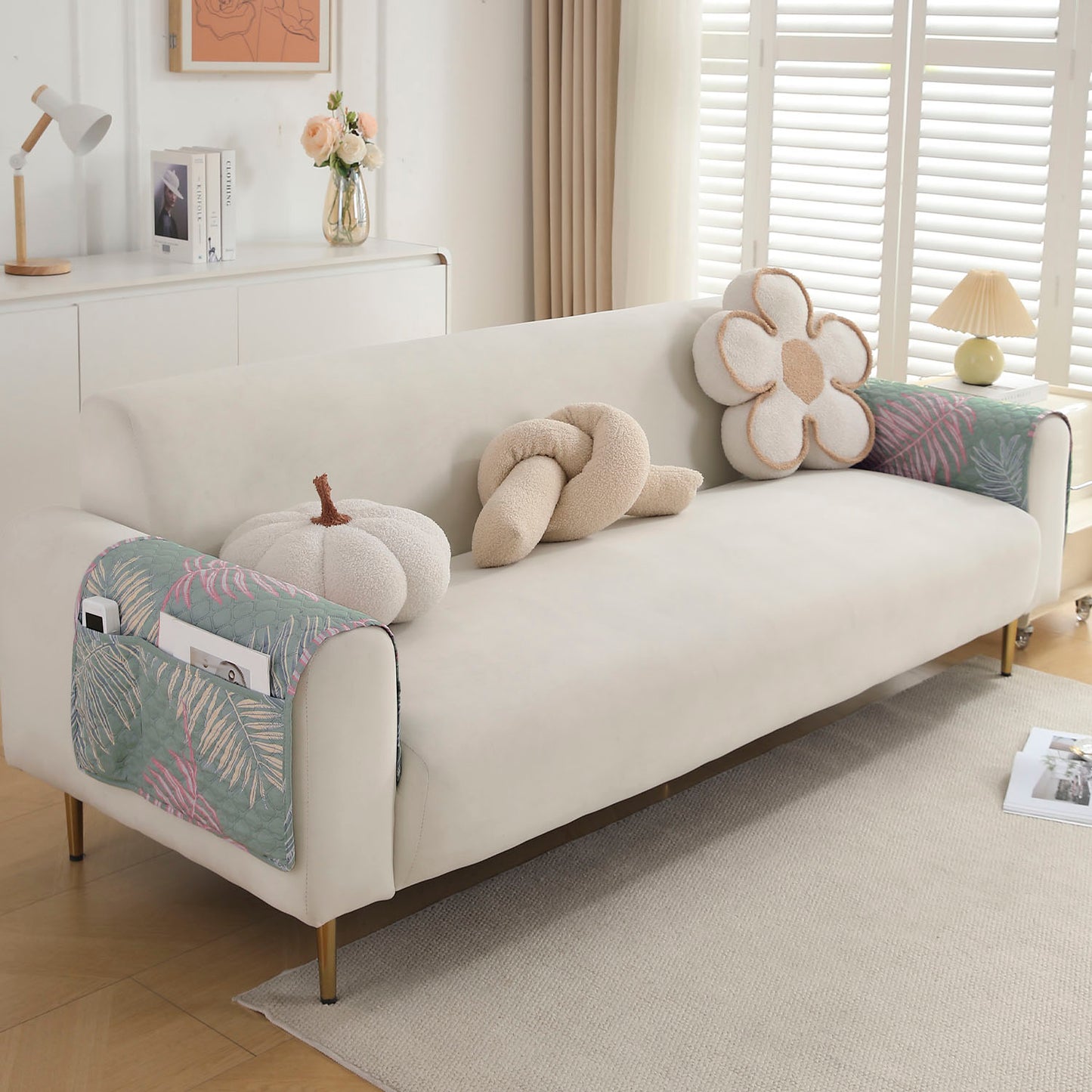 Polyester 2 Pcs Printed Quilted Sofa Armrest Cover, Tropical Leaves Pastel Green