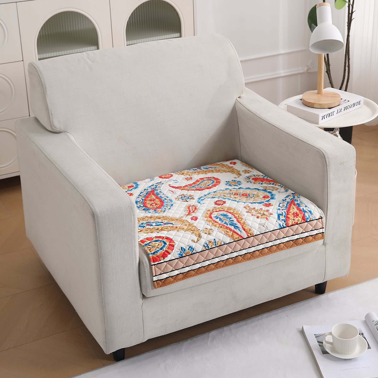 LiefNest Printed Holland Velvet Sofa Mat with Foam Filling - Paisley Multicolor for 1/2/3 Seater & Armrest