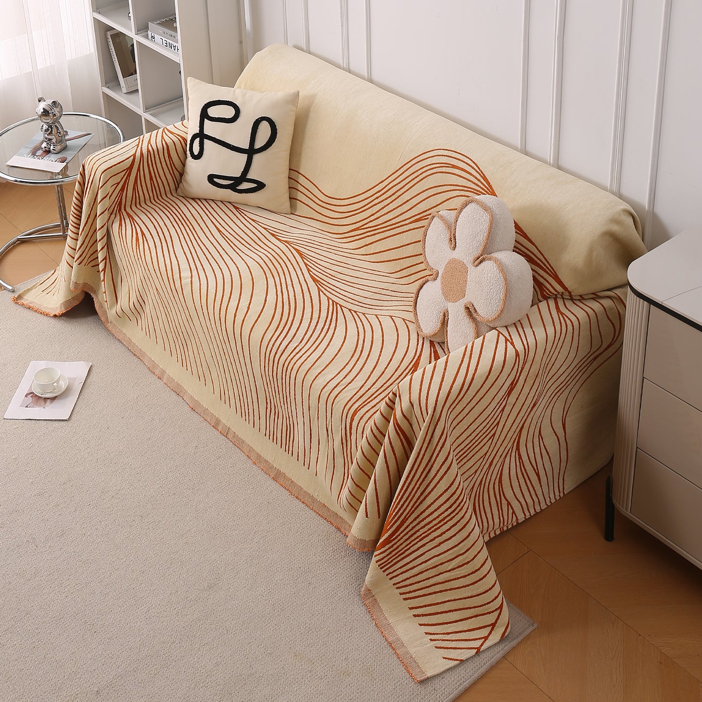 WaveLoom Collection Printed Chenille Sofa Cover Throw, Orange