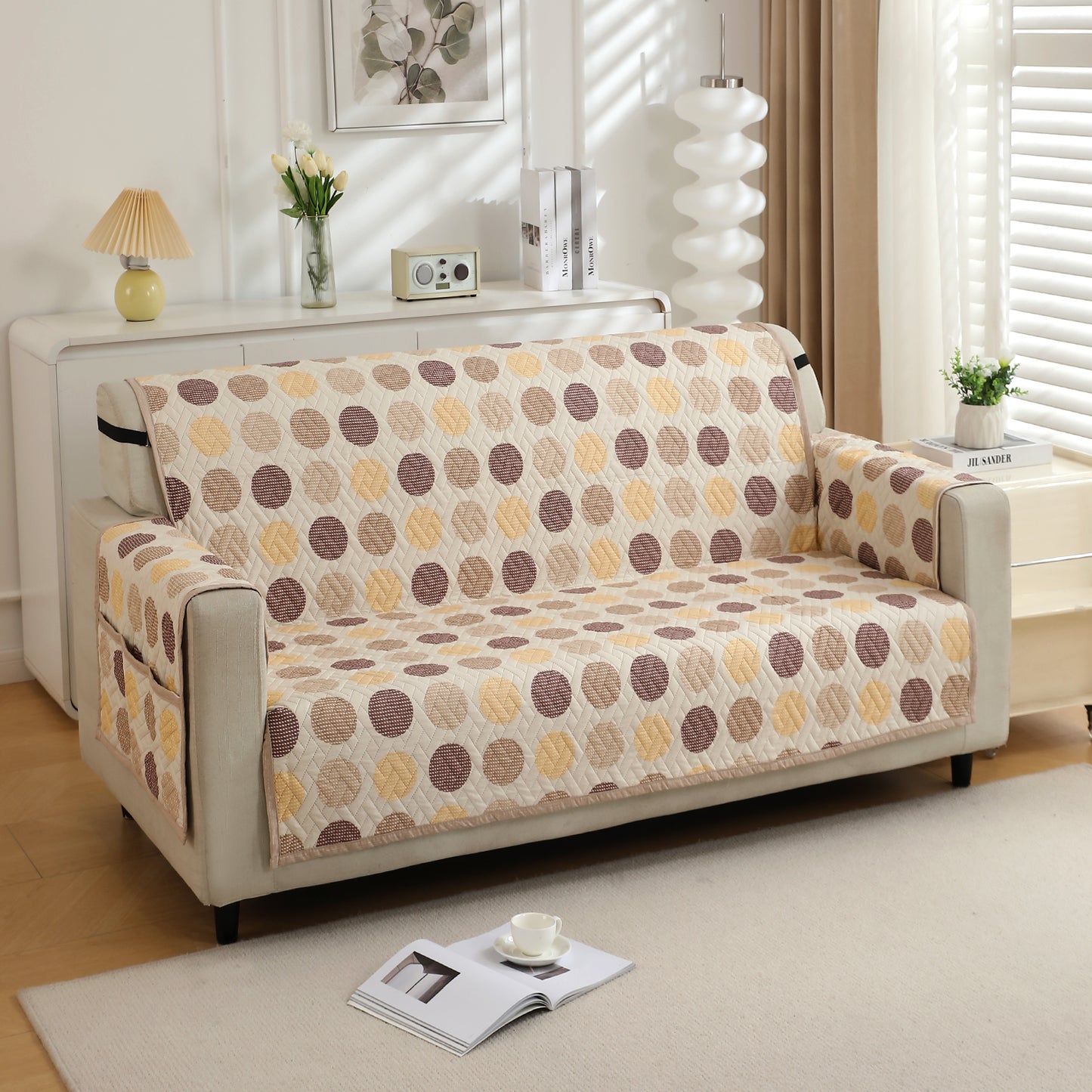 3 Seater Brown Polka Dot Printed quilted sofa cover