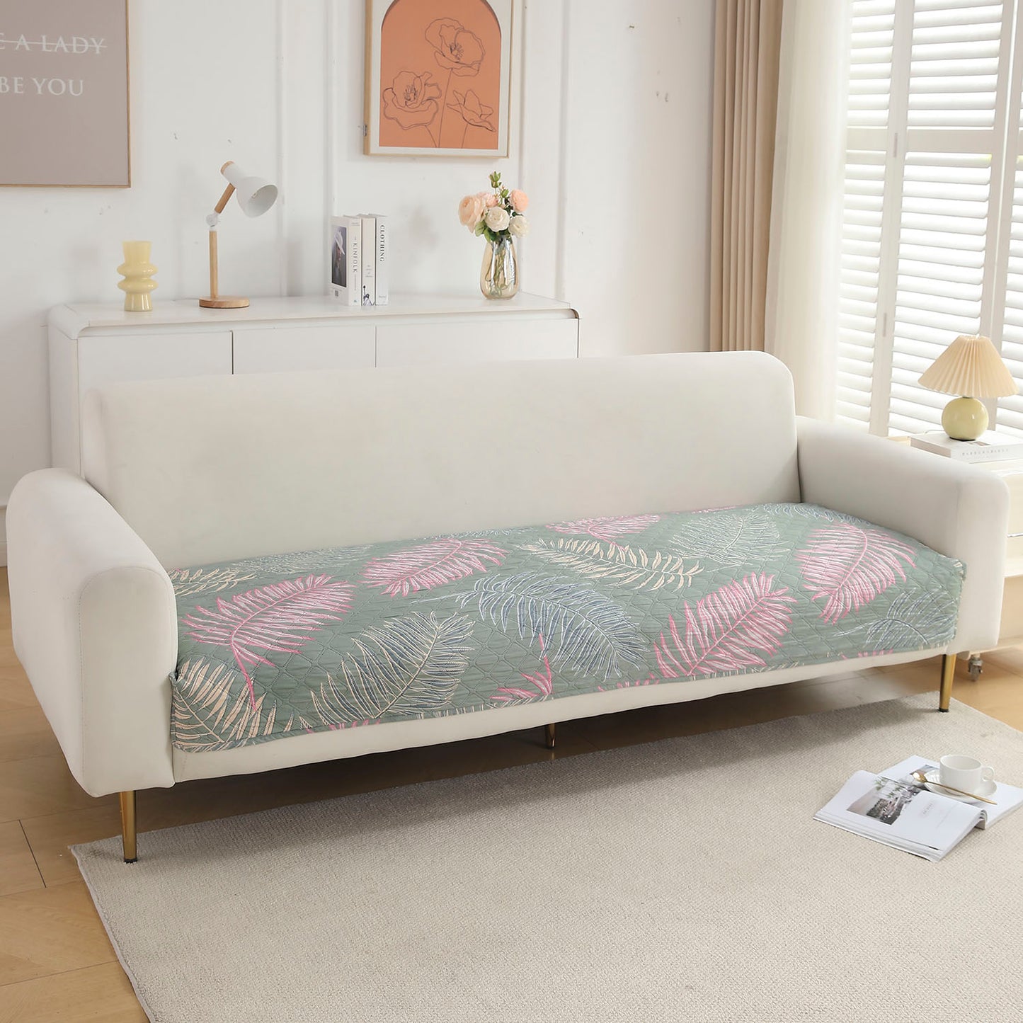 Polyester Printed Quilted Sofa Cover Mats, Tropical Leaves Pastel Green