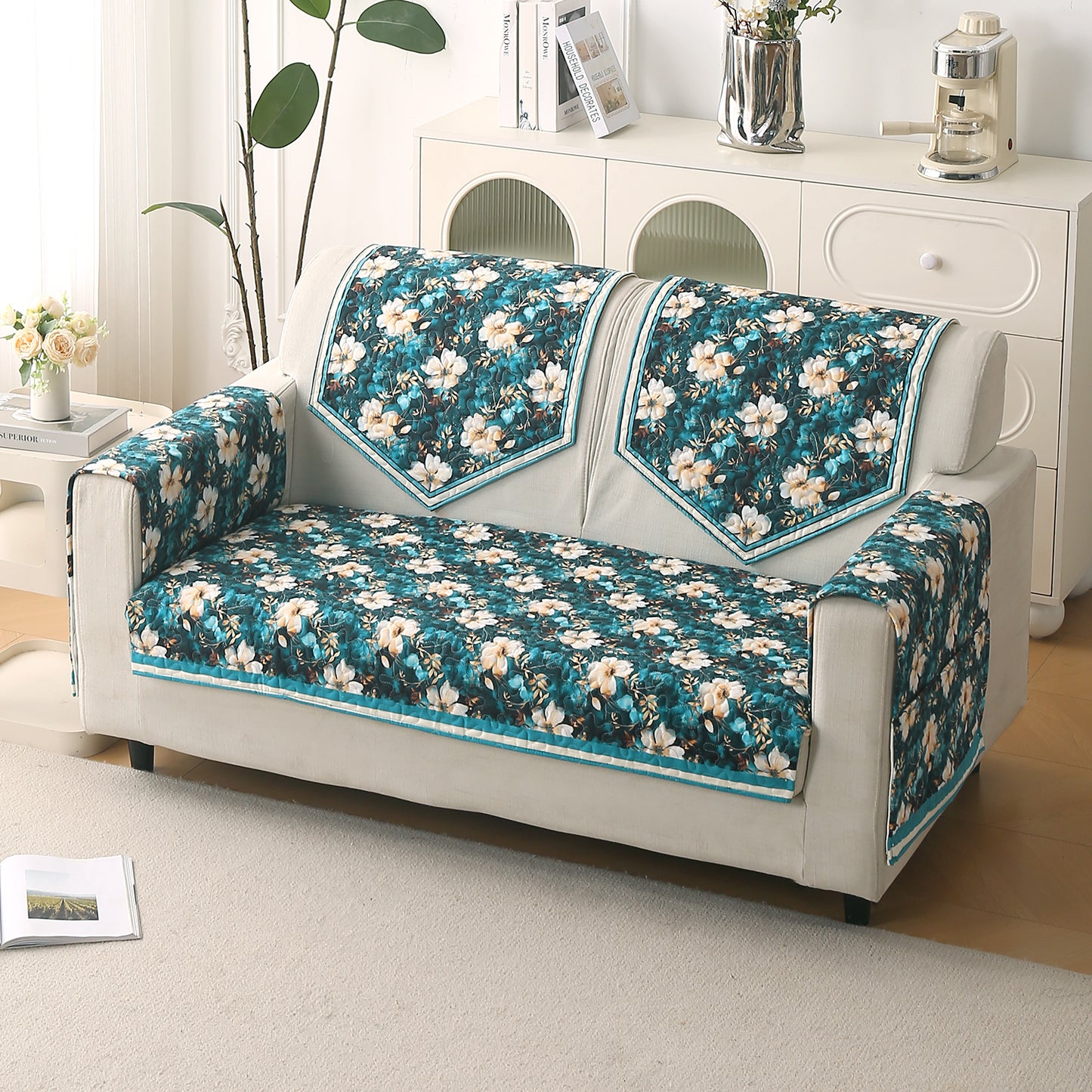 Florentina Series Printed Holland Velvet Sofa Mat - Pansies Teal