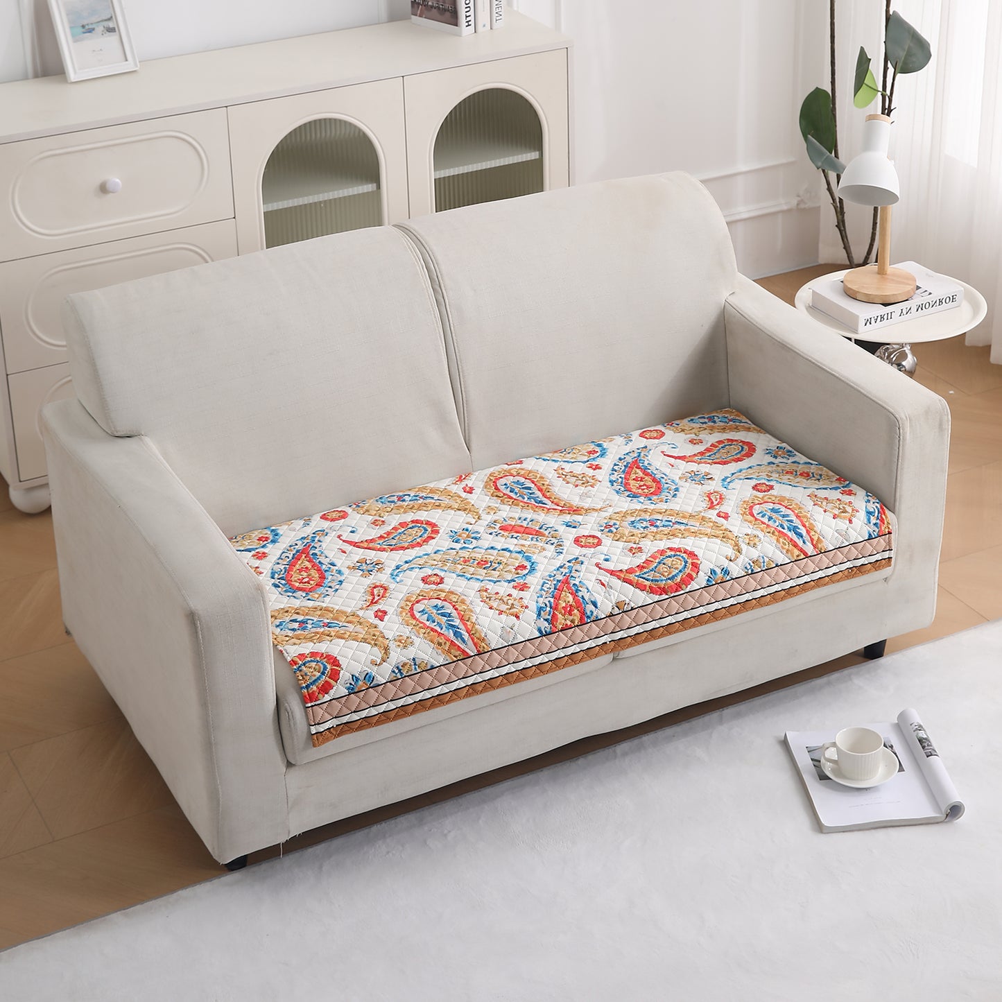 LiefNest Printed Holland Velvet Sofa Mat with Foam Filling - Paisley Multicolor for 1/2/3 Seater & Armrest