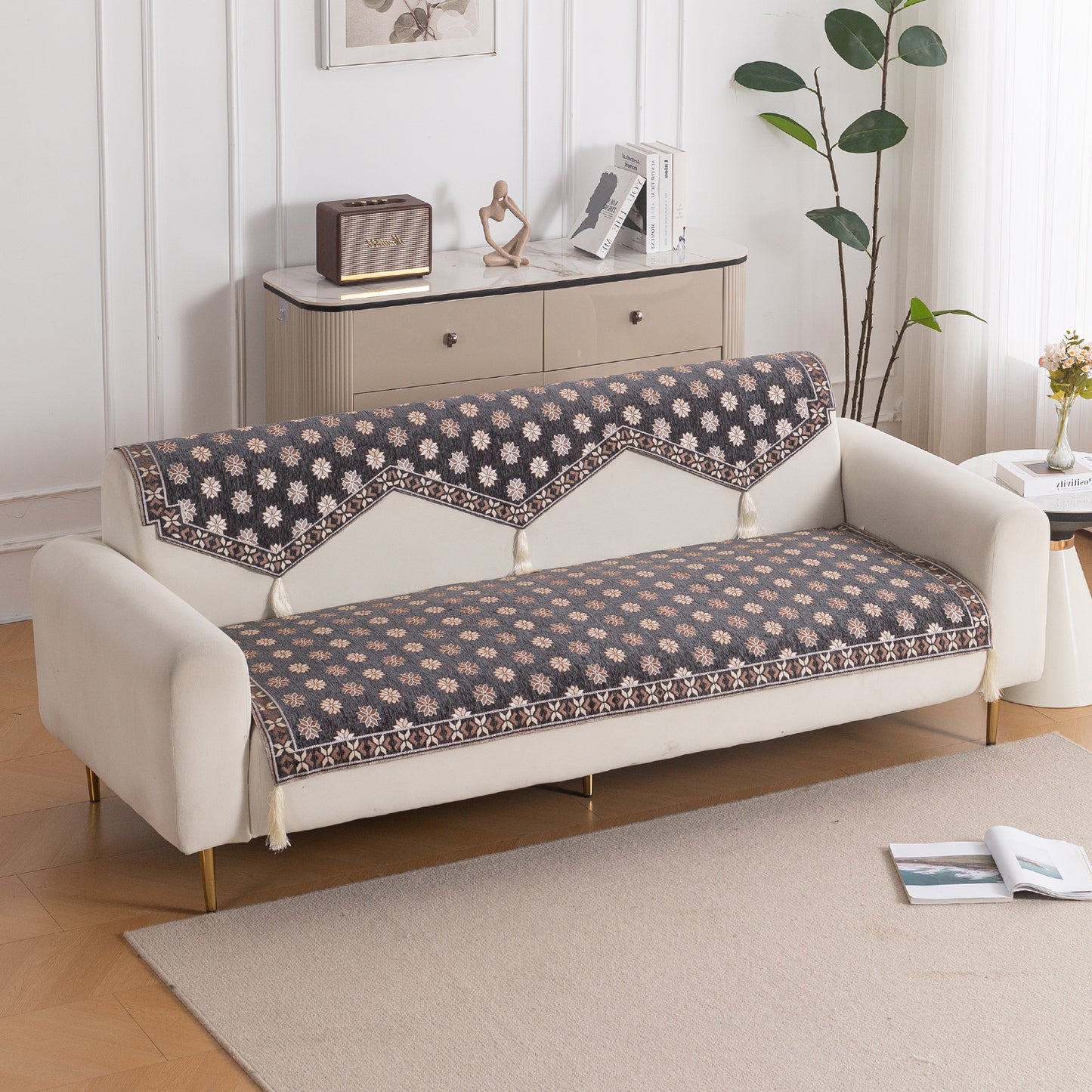 Heritage Weave Premium Jacquard Sofa Cover Set with Tassels - Graphite Grey