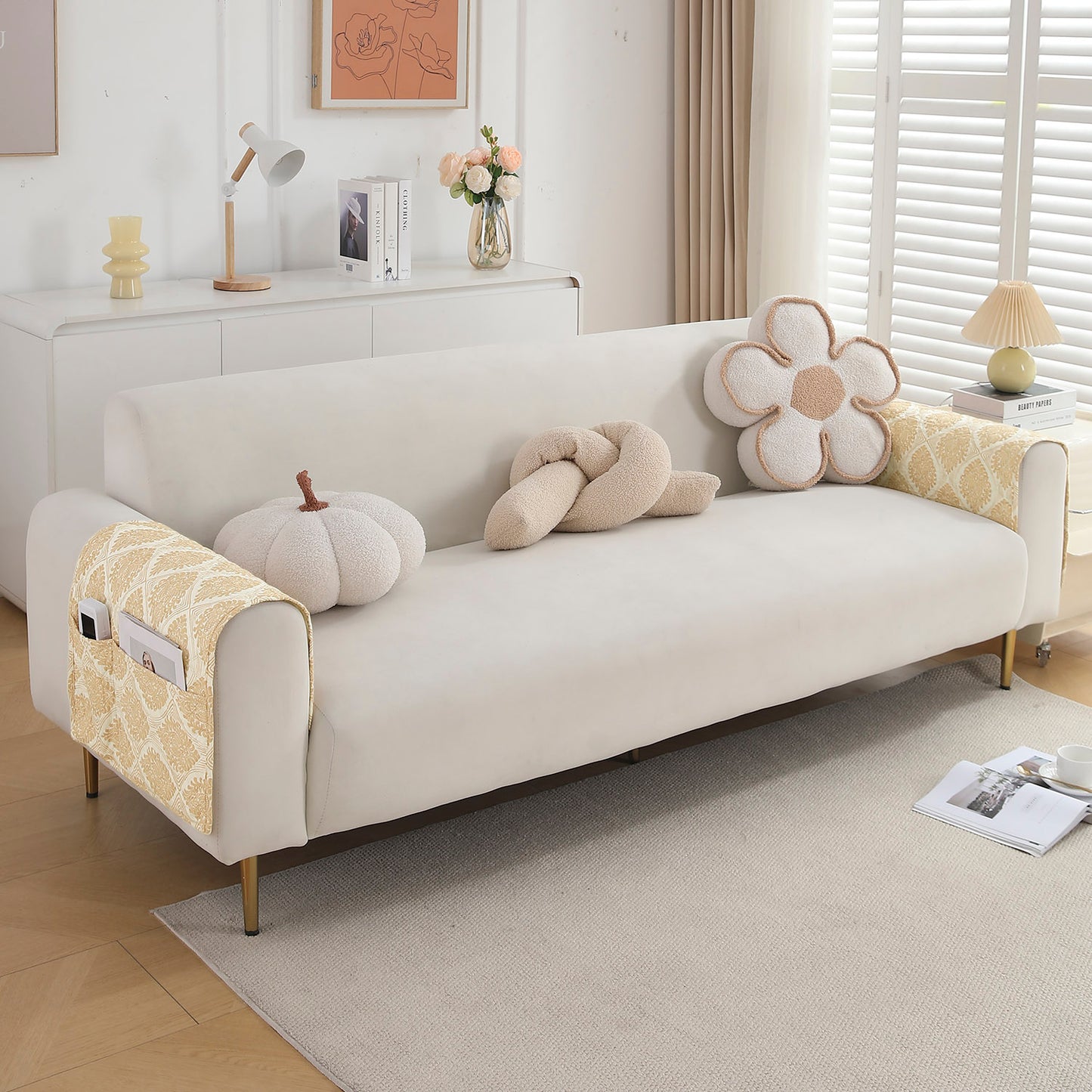 Polyester 2 Pcs Printed Quilted Sofa Armrest Cover, Ogee Ivory