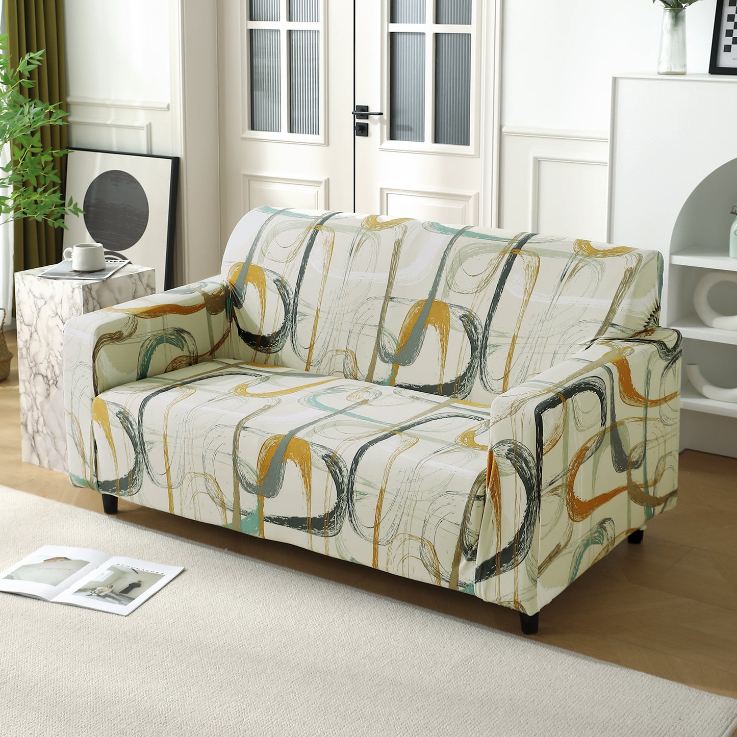 Parchement Beige Abstract Art stretchable two seater sofa cover