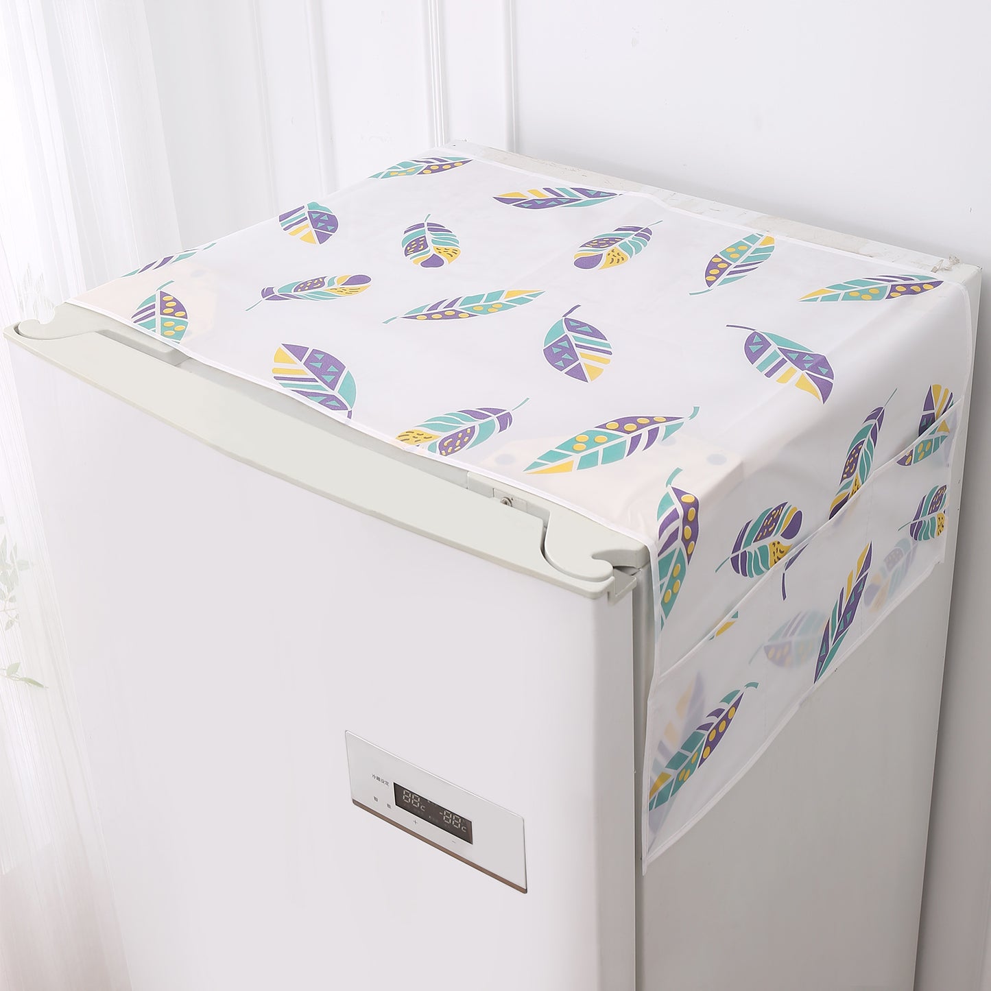 Small / Large Fridge Cover Top | For Smaller Single Door, Double Door and Bigger Double Door Refrigerator - Waterproof, Printed with 6 Side Pockets, Boho Feathers