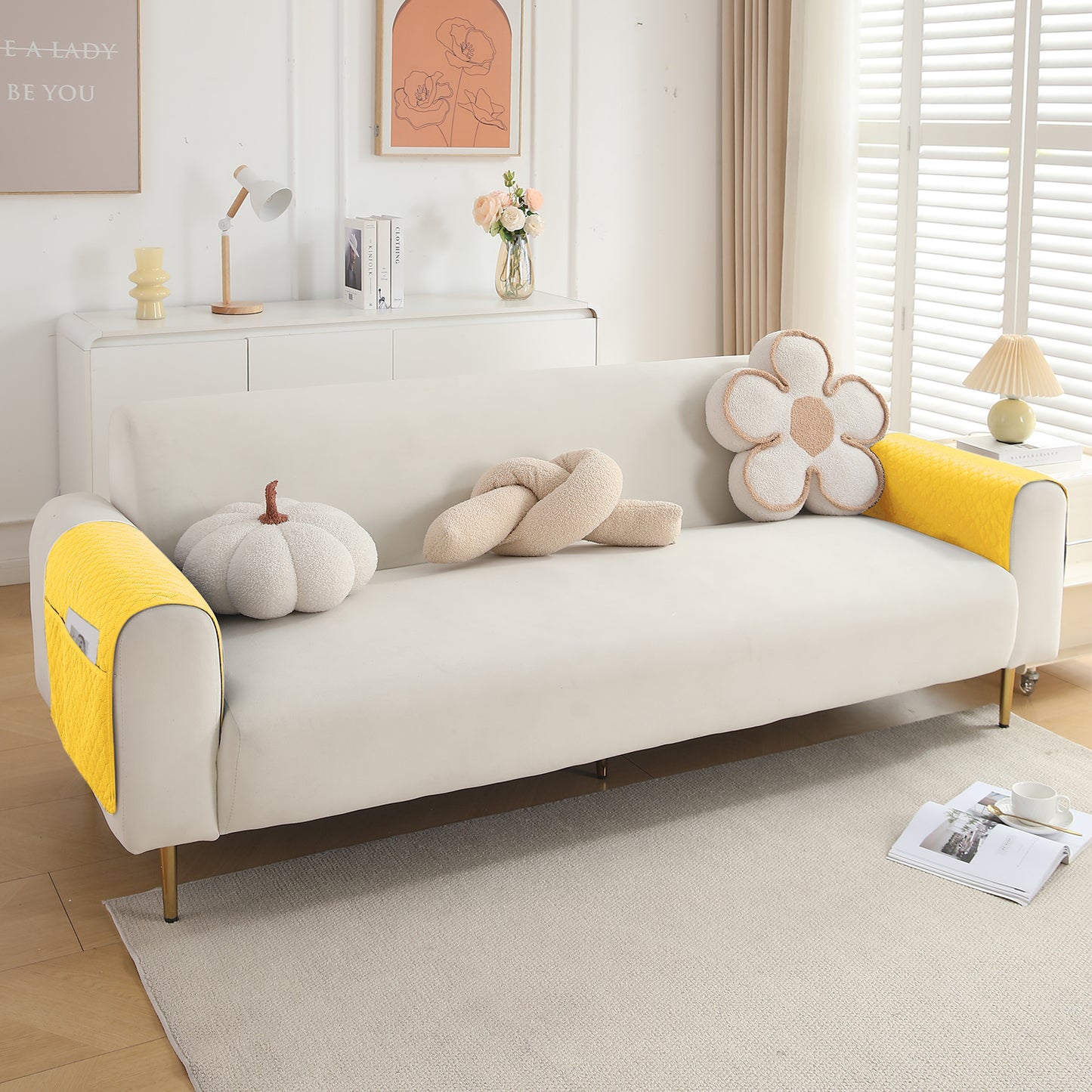 2 Pcs Quilted Sofa Armrest Cover, Yellow