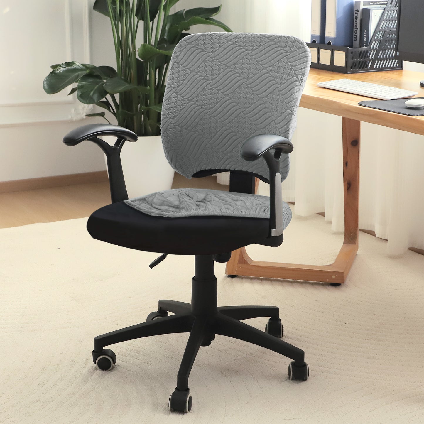 Office Chair Cover for Task Chair – 170 GSM Stretchable Jacquard – Washable & Anti-Slip – Fits Small Office Chairs Without Headrest, Light Grey