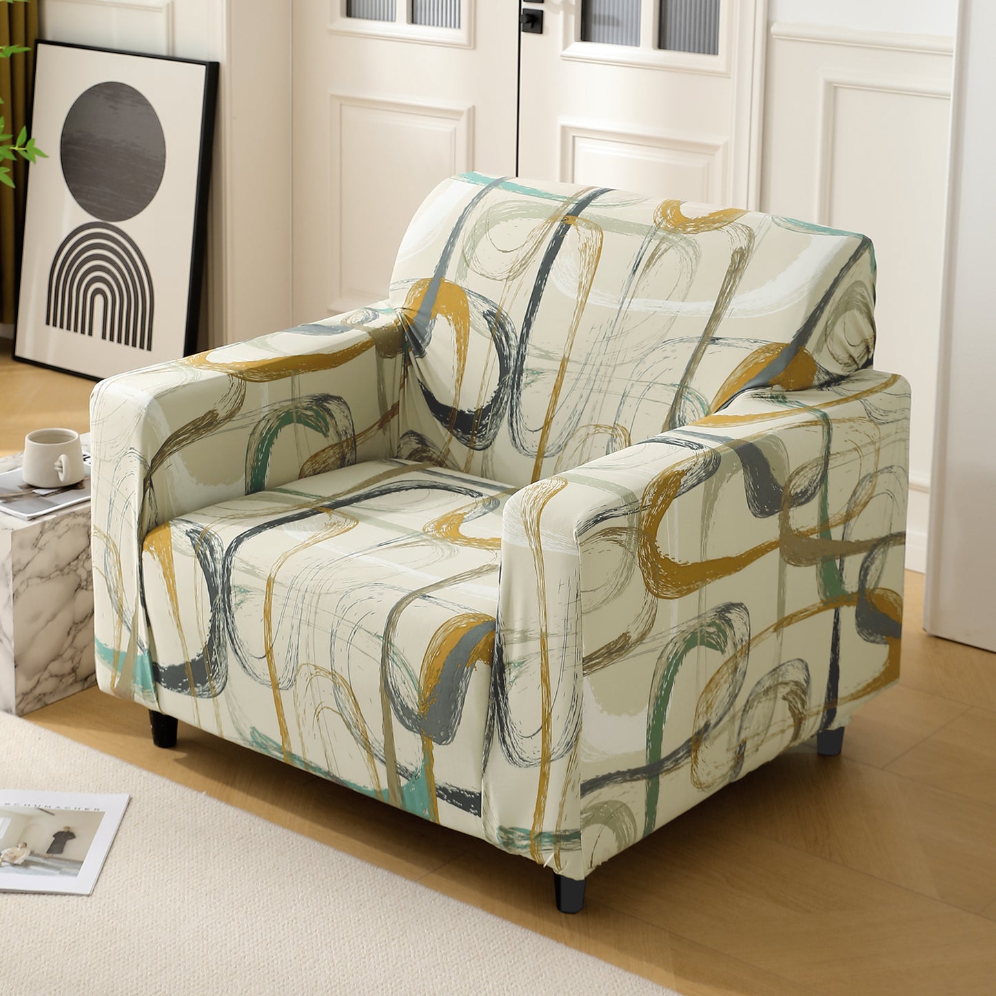 Parchement Beige Abstract Art printed non slip elastic stretchable 1 seater sofa cover