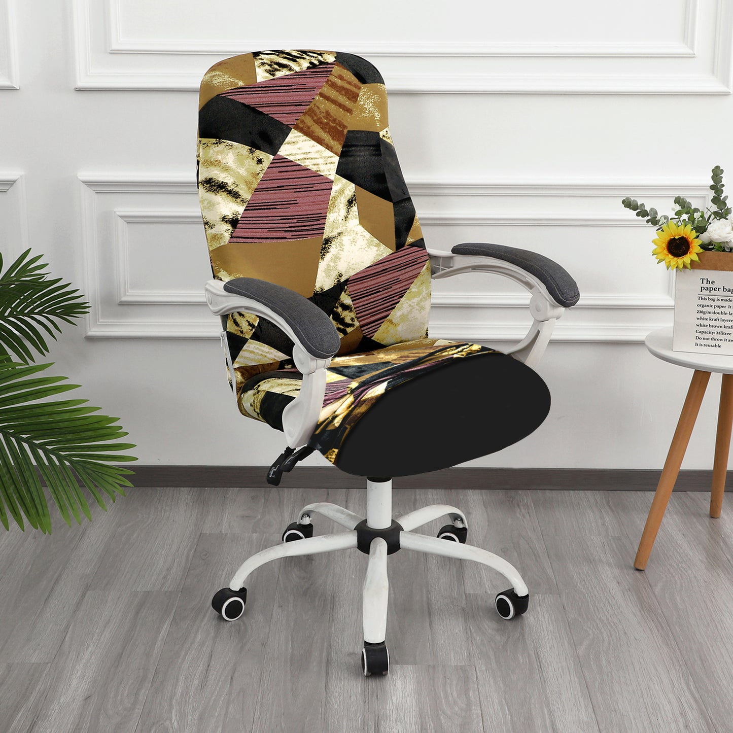 HOKIPO 140gsm Stretchable Office Chair Cover, Wine Abstract Geometry - Medium / Large