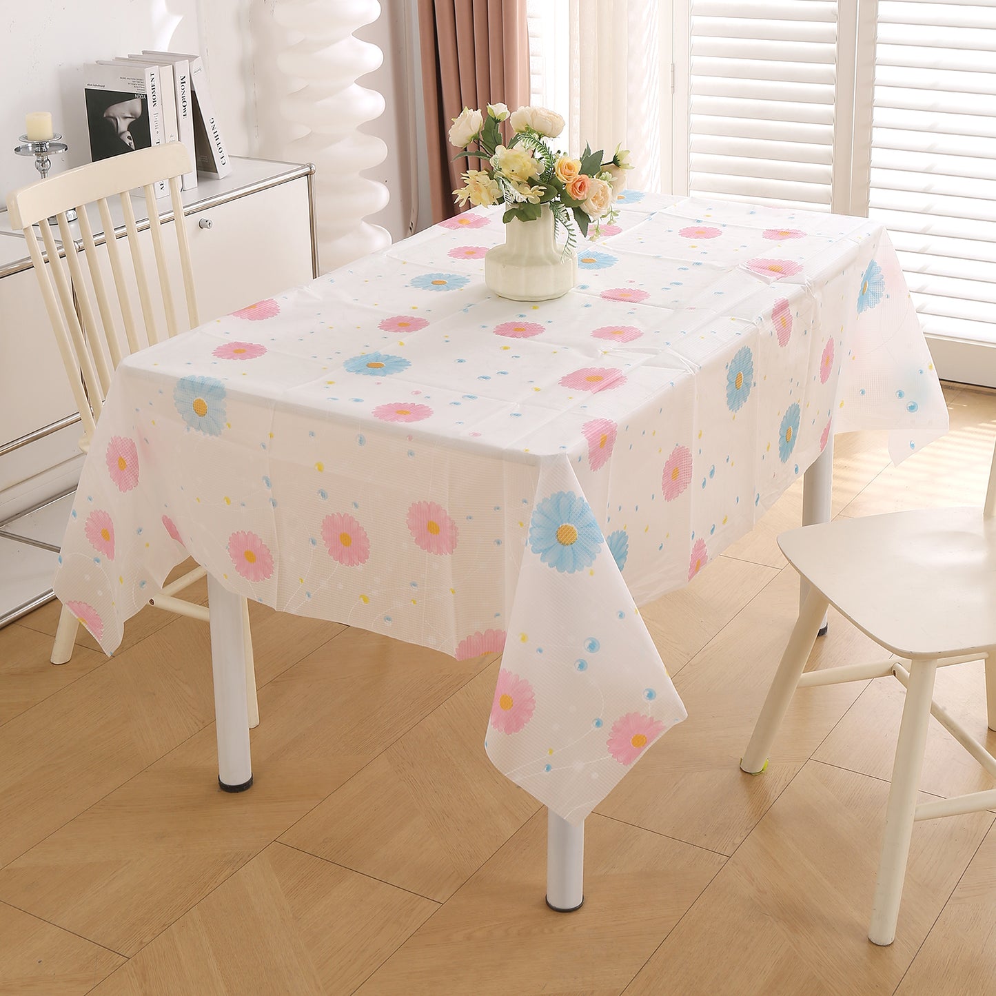 PEVA Waterproof Table Cover Cloth for 2/4/6 Seaters Dining Table | Dustproof Table Cloth for Study & Coffee Table, Dahlia Blush Pink
