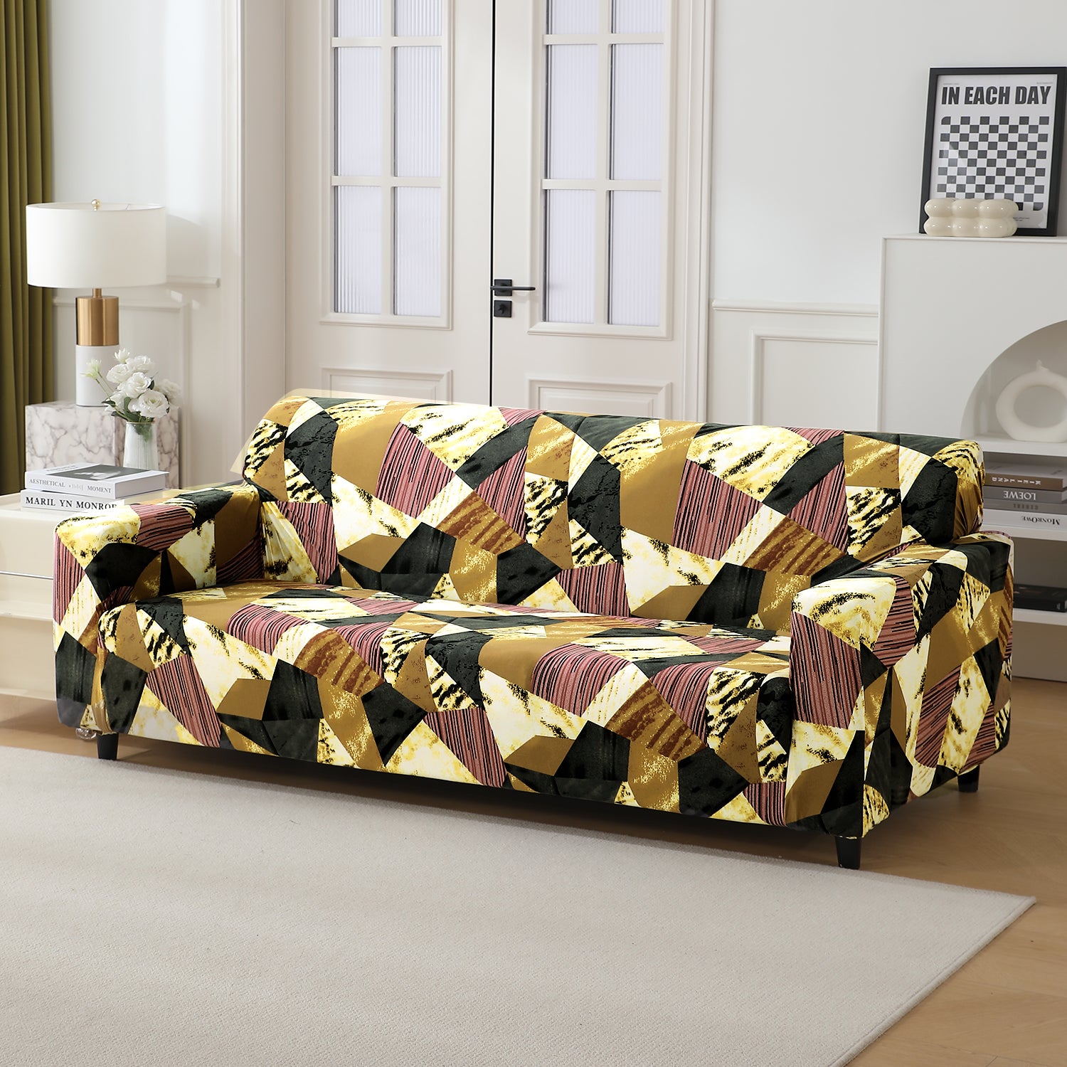 Wine Abstract Geometry Fabric modern elastic 3 seater sofa covers