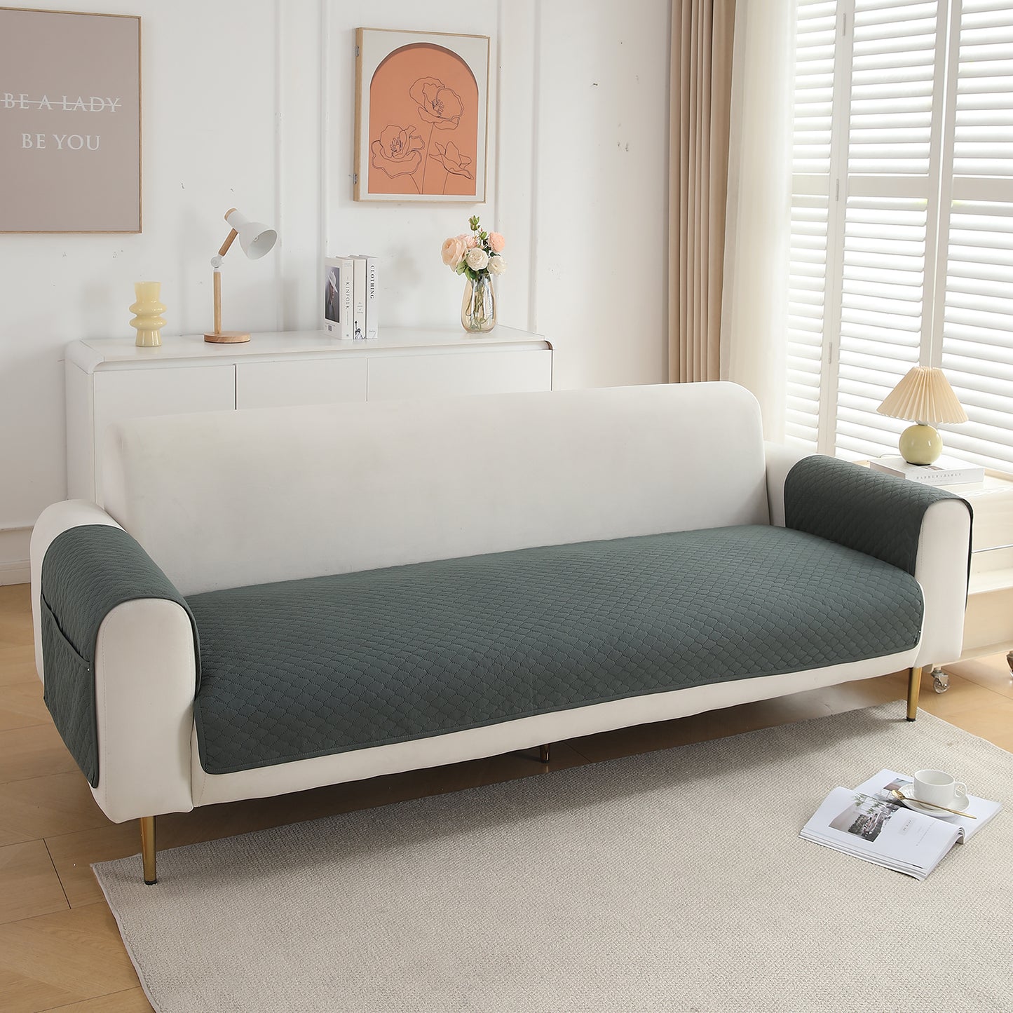 Quilted Sofa Cover Mat with 2 Armrest Covers Pockets, Grey