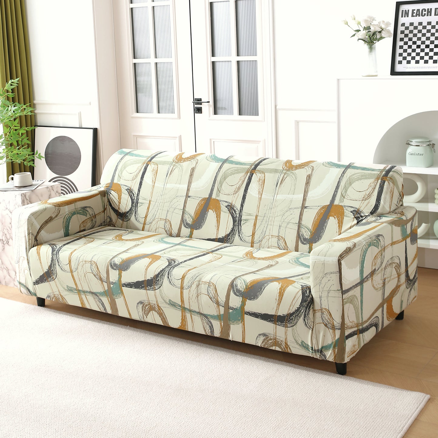 Parchement Beige Abstract Art full fitted stretchable three seater sofa cover