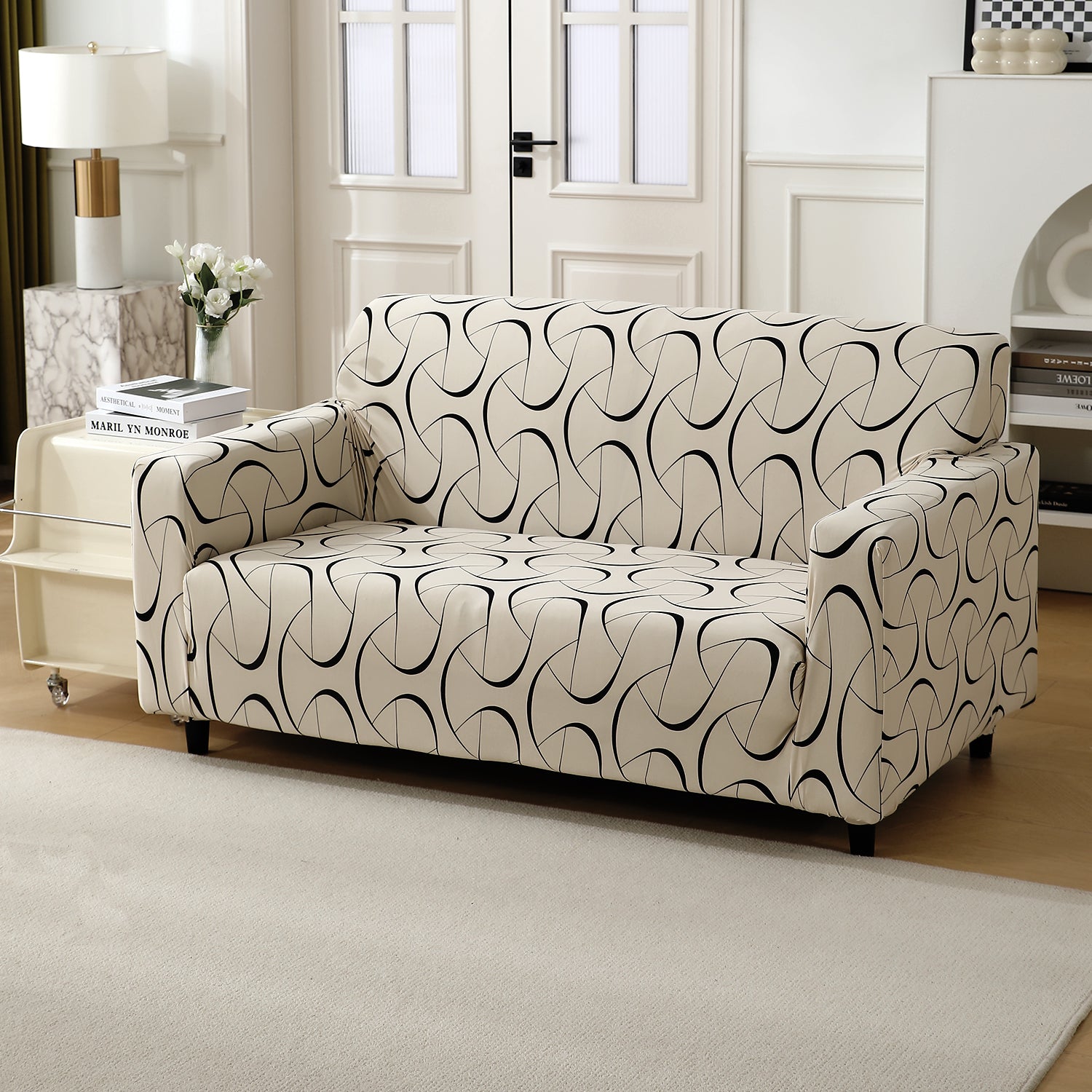 Natural Beige Abstract Art Print non slip stretchable two seater sofa cover