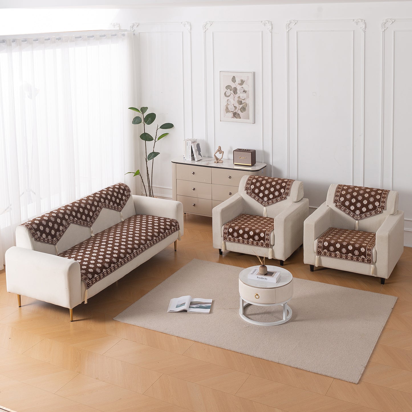 Heritage Weave Premium Jacquard Sofa Cover Set with Tassels - Russet Brown