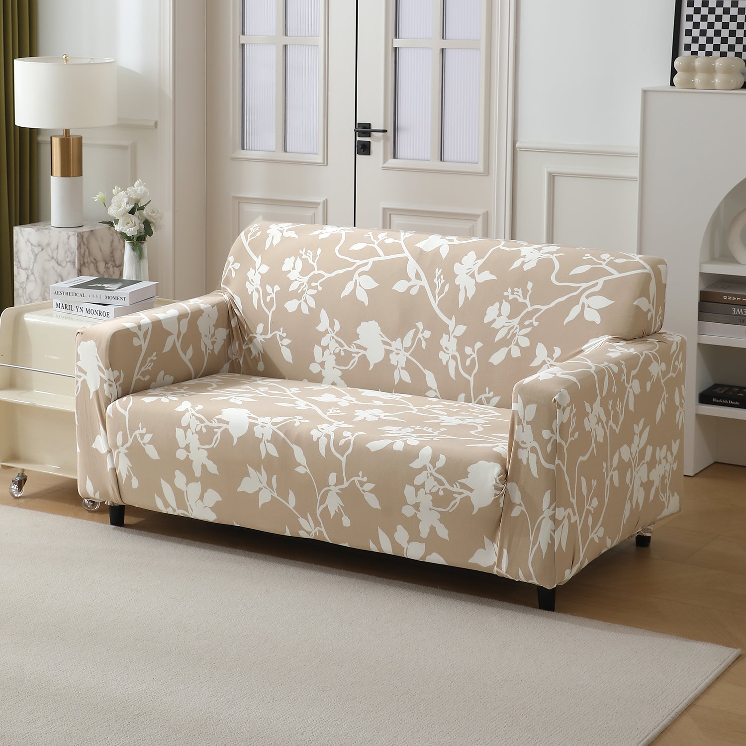 Buff brown silhouette floral print non slip stretchable 2 seater sofa cover