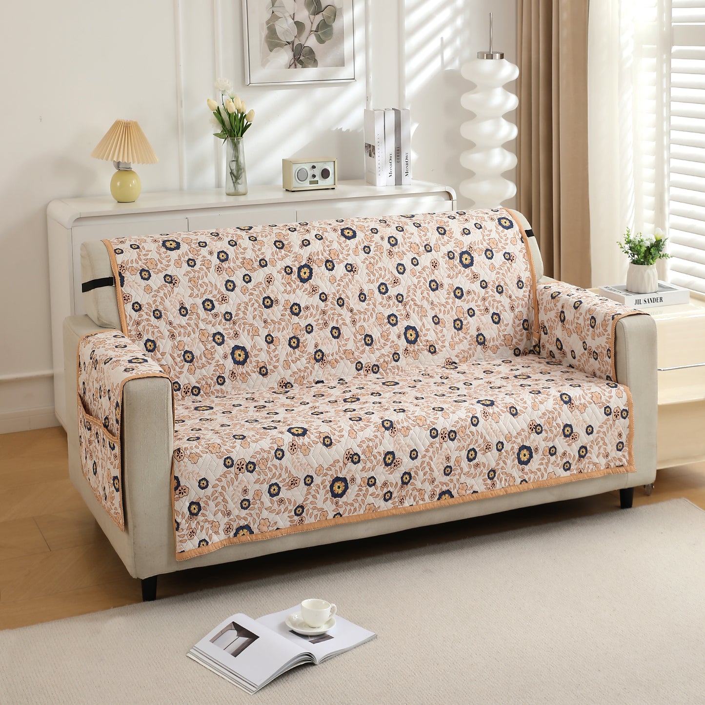 3 Seater Light Peach Candytuft Printed quilted sofa cover